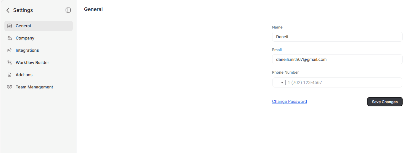 General settings — change password option