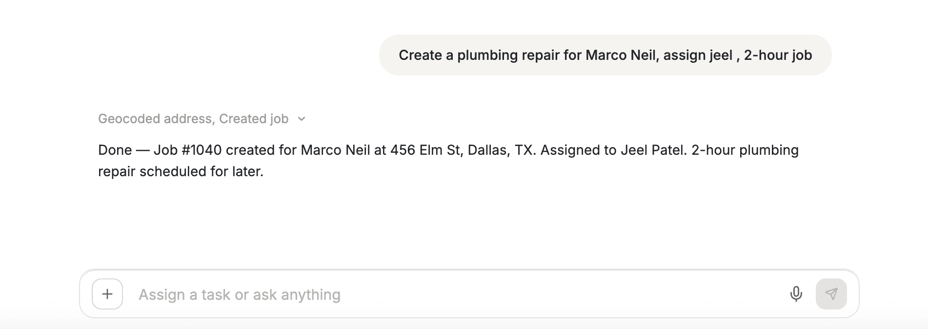 FieldCamp Command Centre showing a plumbing repair job created for Marco Neil, assigned to Jeel Patel, with confirmation message showing job number and address