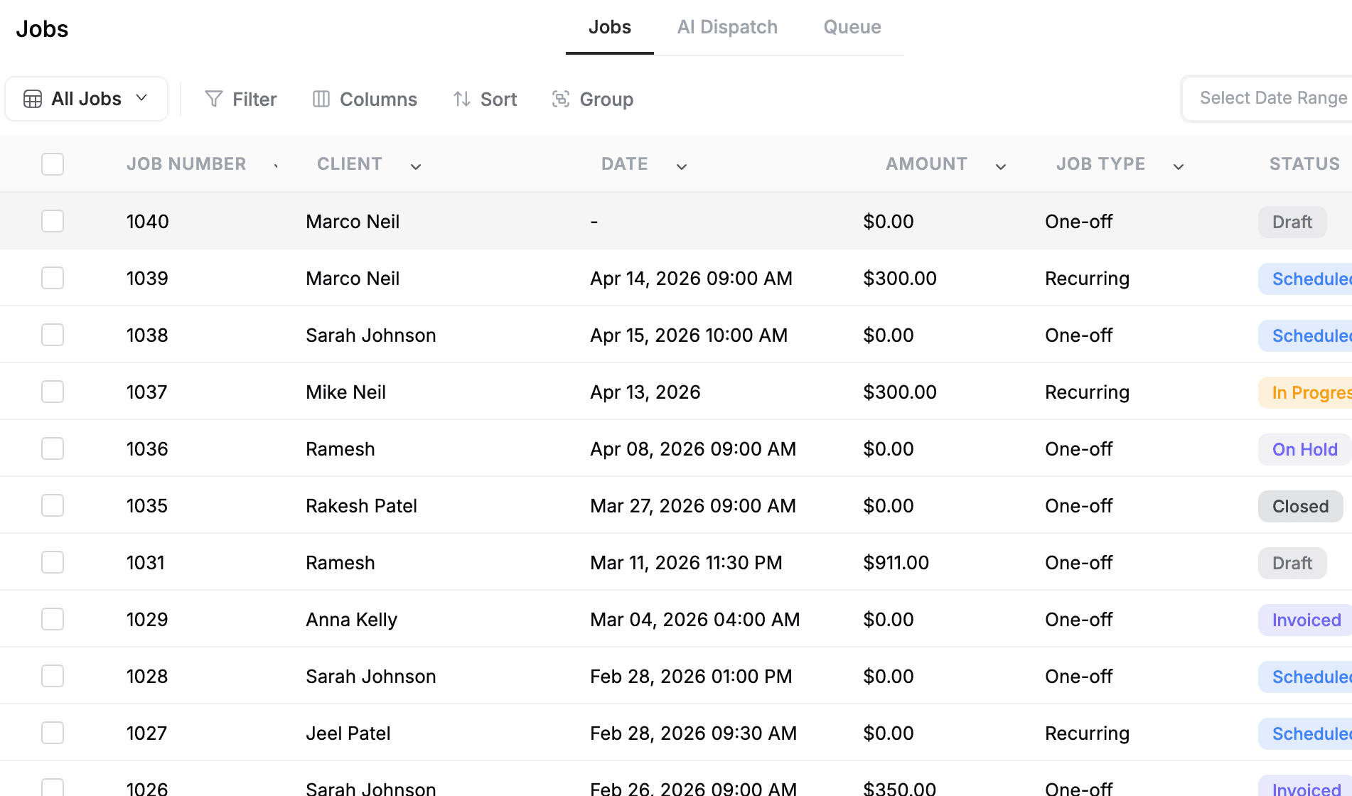 FieldCamp Jobs dashboard showing job list with job numbers, client names, dates, amounts, job types, and status badges