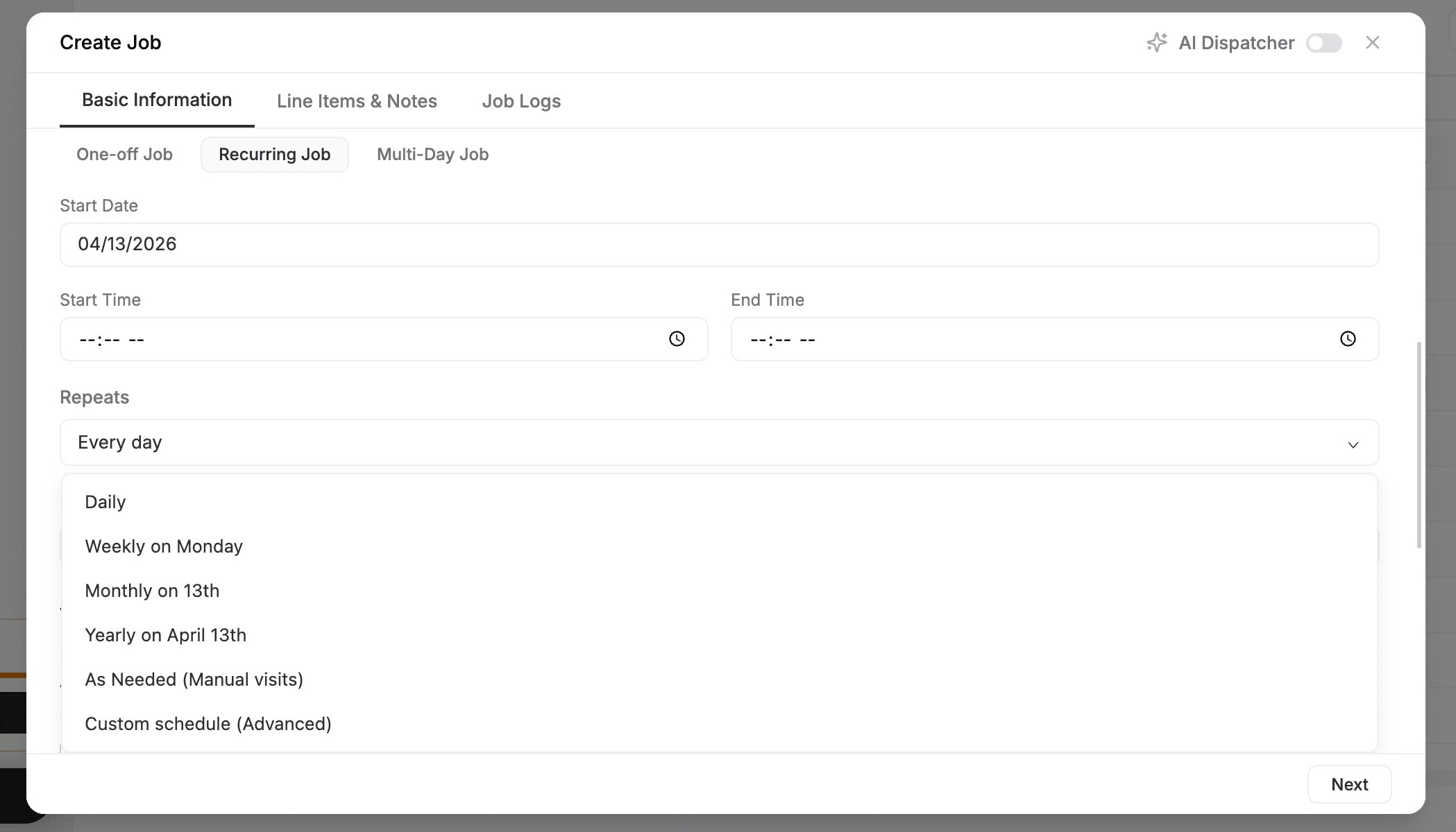 FieldCamp Create Job modal showing Recurring Job tab with start date, start and end time fields, and Repeats dropdown open showing Daily, Weekly on Monday, Monthly on 13th, Yearly on April 13th, As Needed, and Custom schedule options