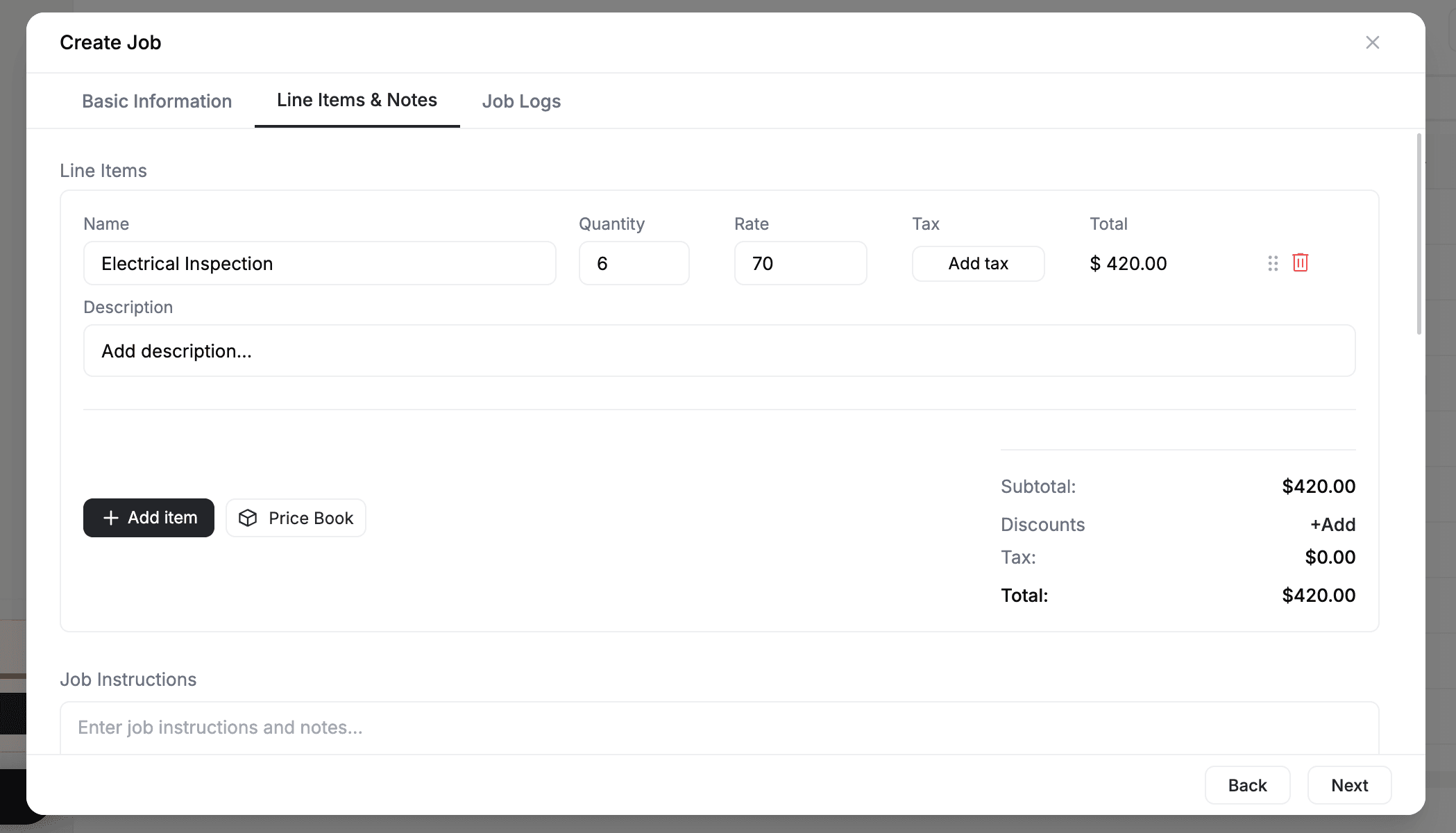 FieldCamp Create Job modal showing Line Items and Notes tab with an Electrical Inspection line item, quantity 6, rate 70, total $420.00, and subtotal summary