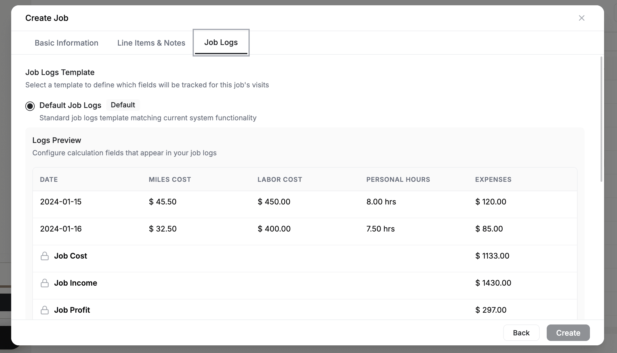 FieldCamp Create Job modal showing Job Logs tab with Default Job Logs template selected and a Logs Preview table showing miles cost, labor cost, personal hours, expenses, job cost, job income, and job profit