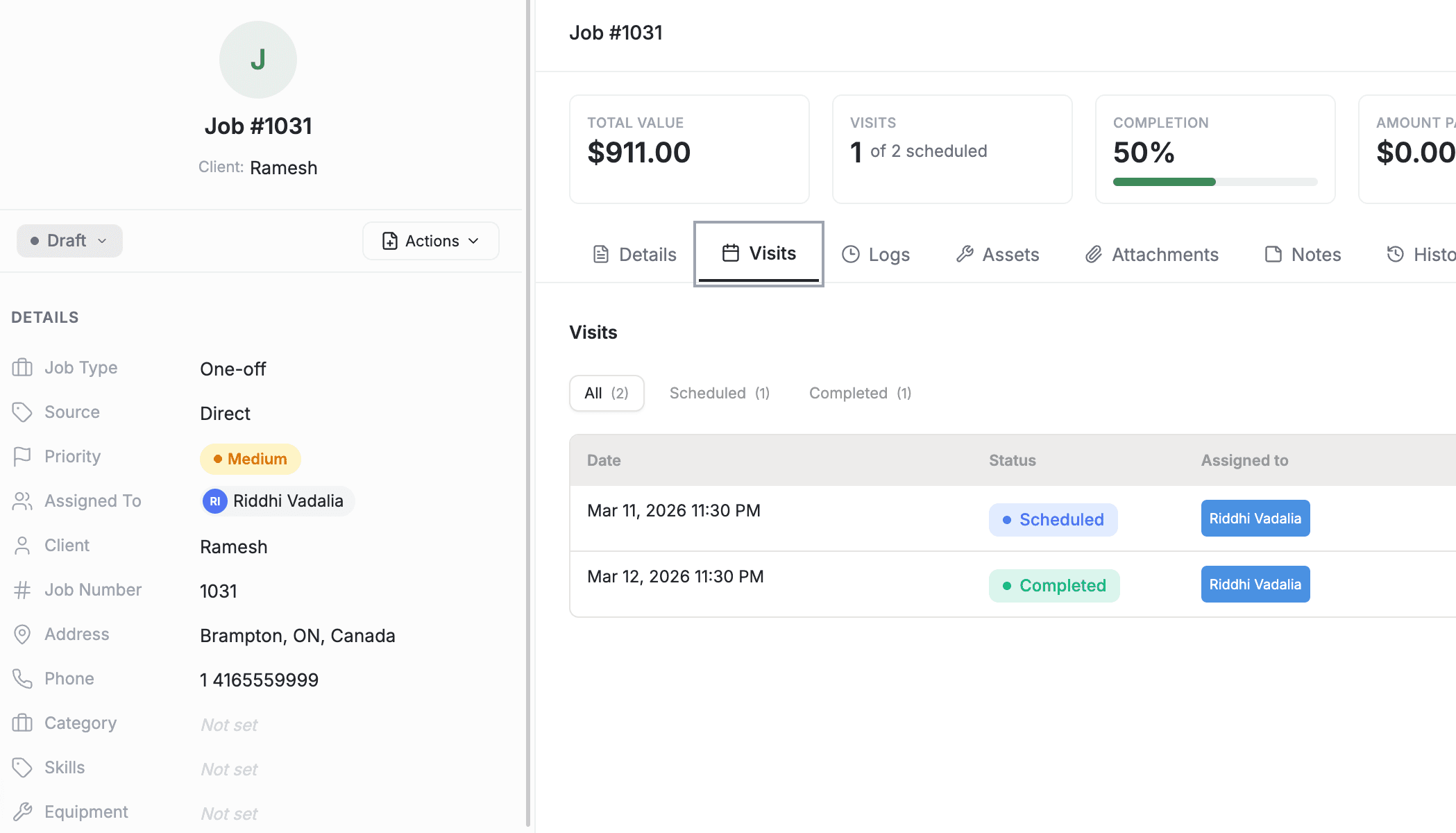 FieldCamp Job detail page for Job 1031 showing the Visits tab with two visits listed — one Scheduled and one Completed — along with total value, visit count, and completion percentage widgets
