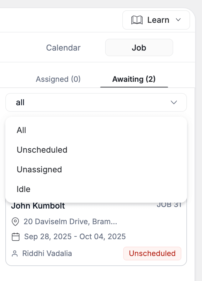 job tray at the bottom of the calendar