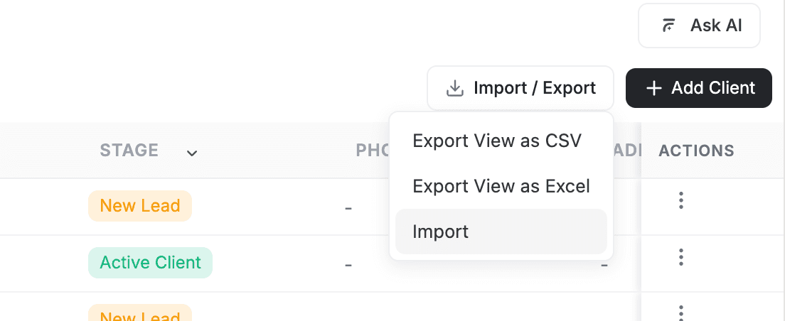 FieldCamp Clients page toolbar showing the Import / Export dropdown with Import option highlighted