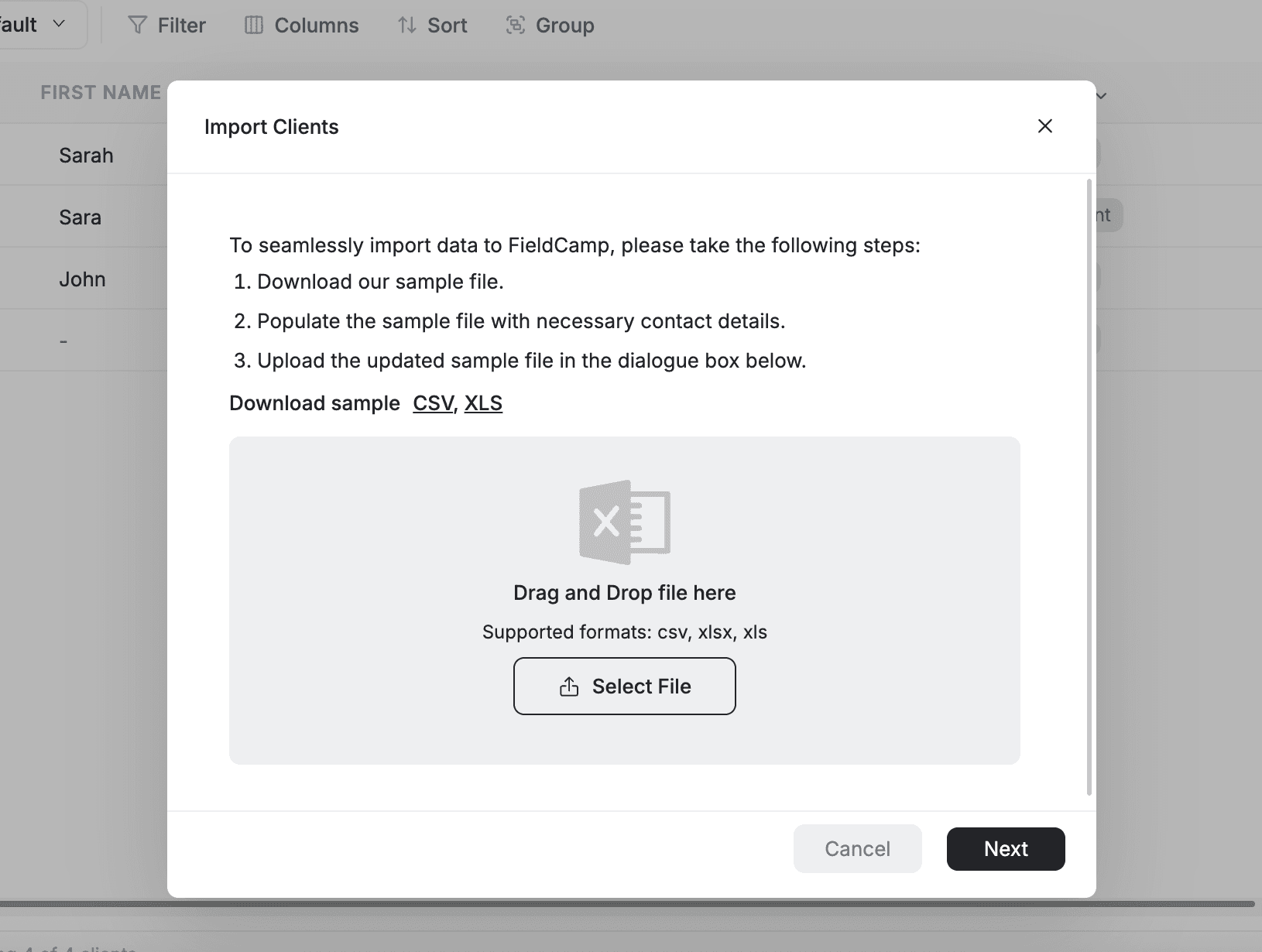 FieldCamp client import field mapping modal showing database fields matched to spreadsheet columns with required field indicators