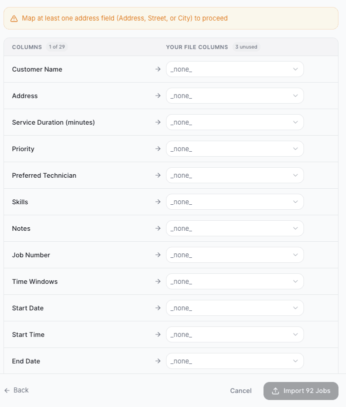 AI Dispatcher Import CSV column mapping step showing Customer Name, Address, Duration, Priority, and Skills fields