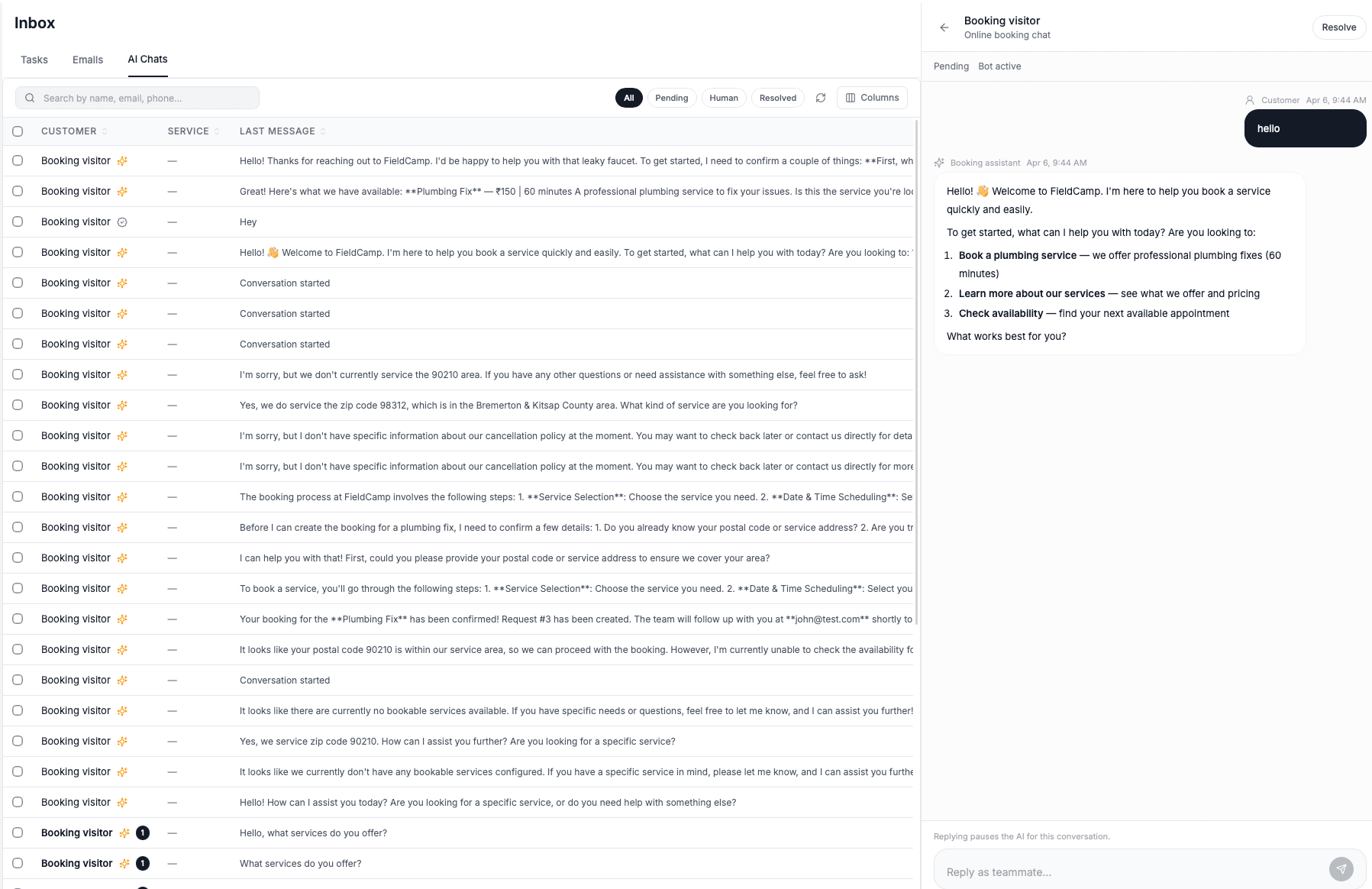 FieldCamp Inbox showing booking visitor chat conversations with AI chat thread on the right displaying full booking conversation flow and human handoff capability