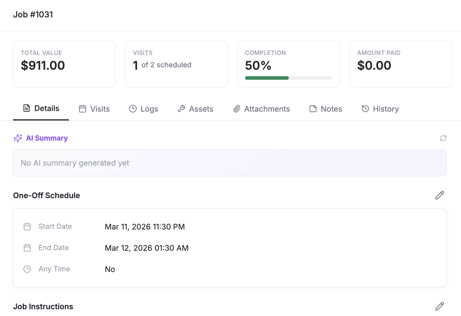 FieldCamp Job detail page for Job 1031 showing Total Value, Visits, Completion, and Amount Paid widgets at the top, with Details, Visits, Logs, Assets, Attachments, Notes, and History tabs, and the AI Summary card below