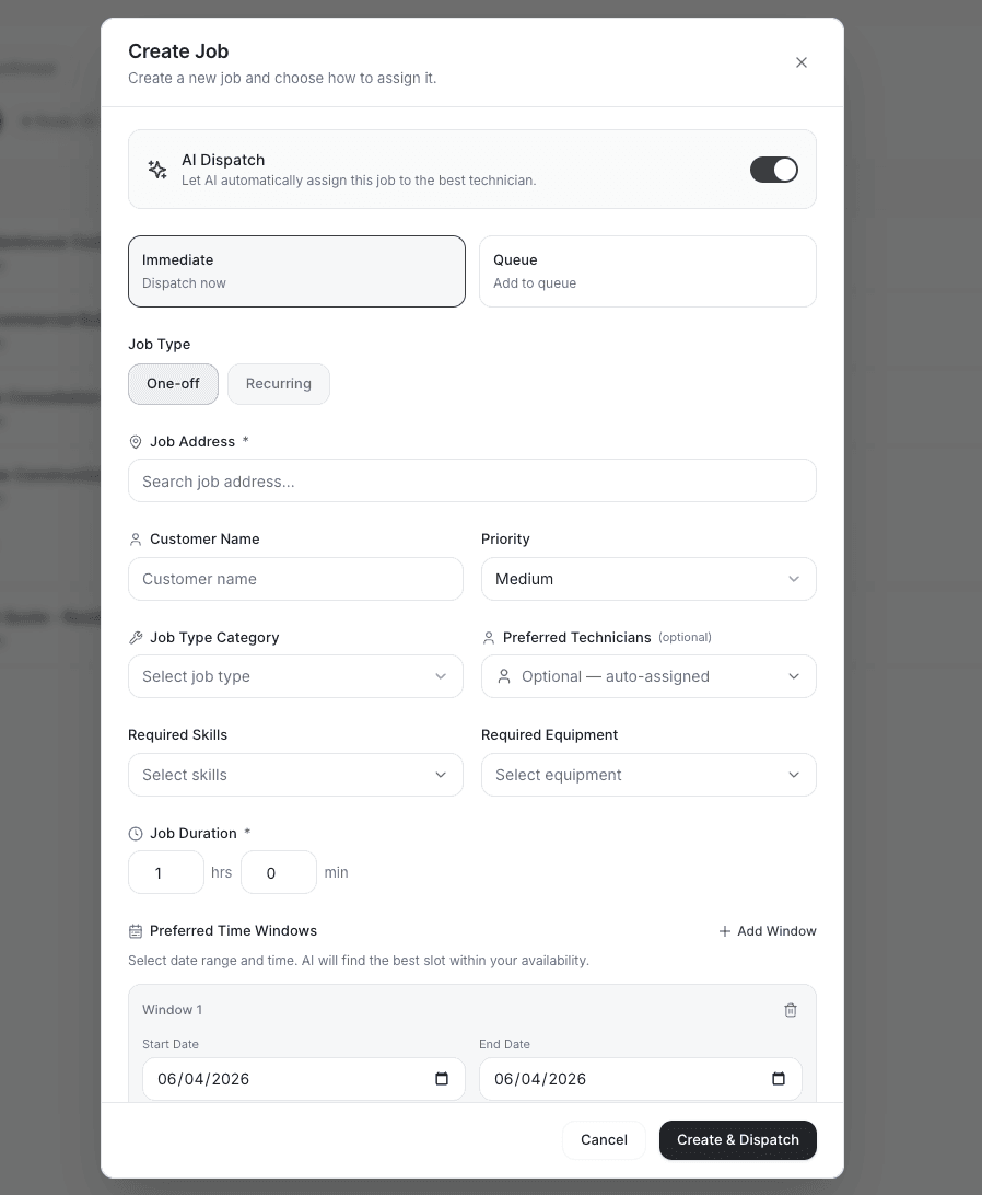 AI Dispatcher Create Job dialog showing AI Dispatch toggle, job type, address, priority, skills, and equipment fields