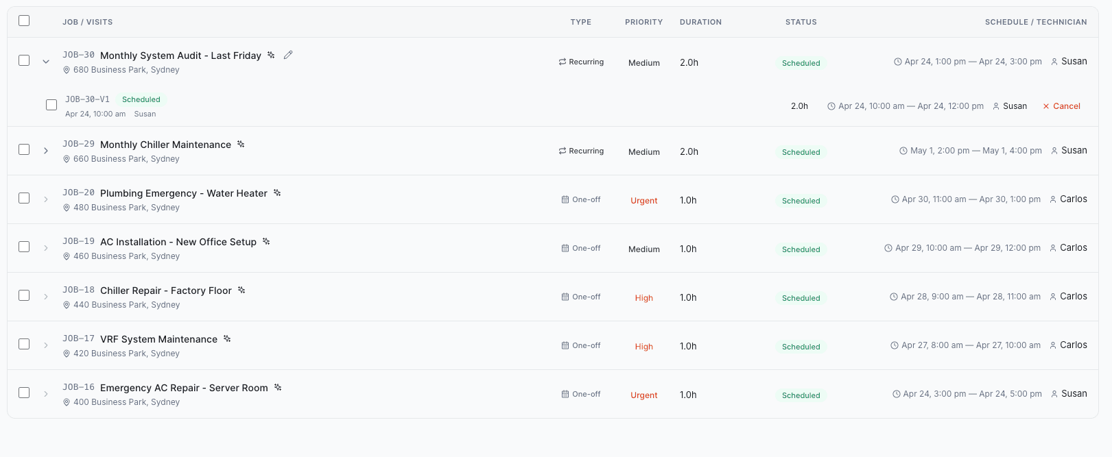 AI Dispatcher Jobs list showing dispatched and confirmed jobs with status indicators