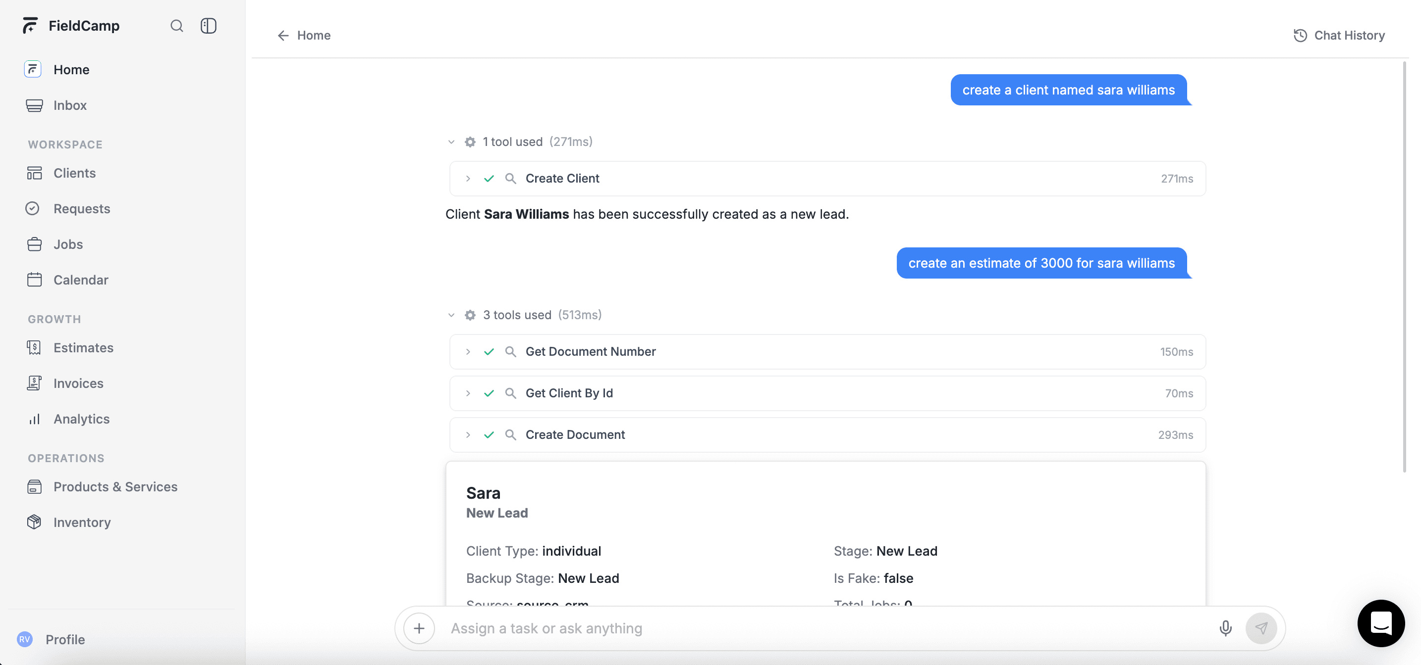 FieldCamp Command Center AI chat interface with a plain-language command and visual response