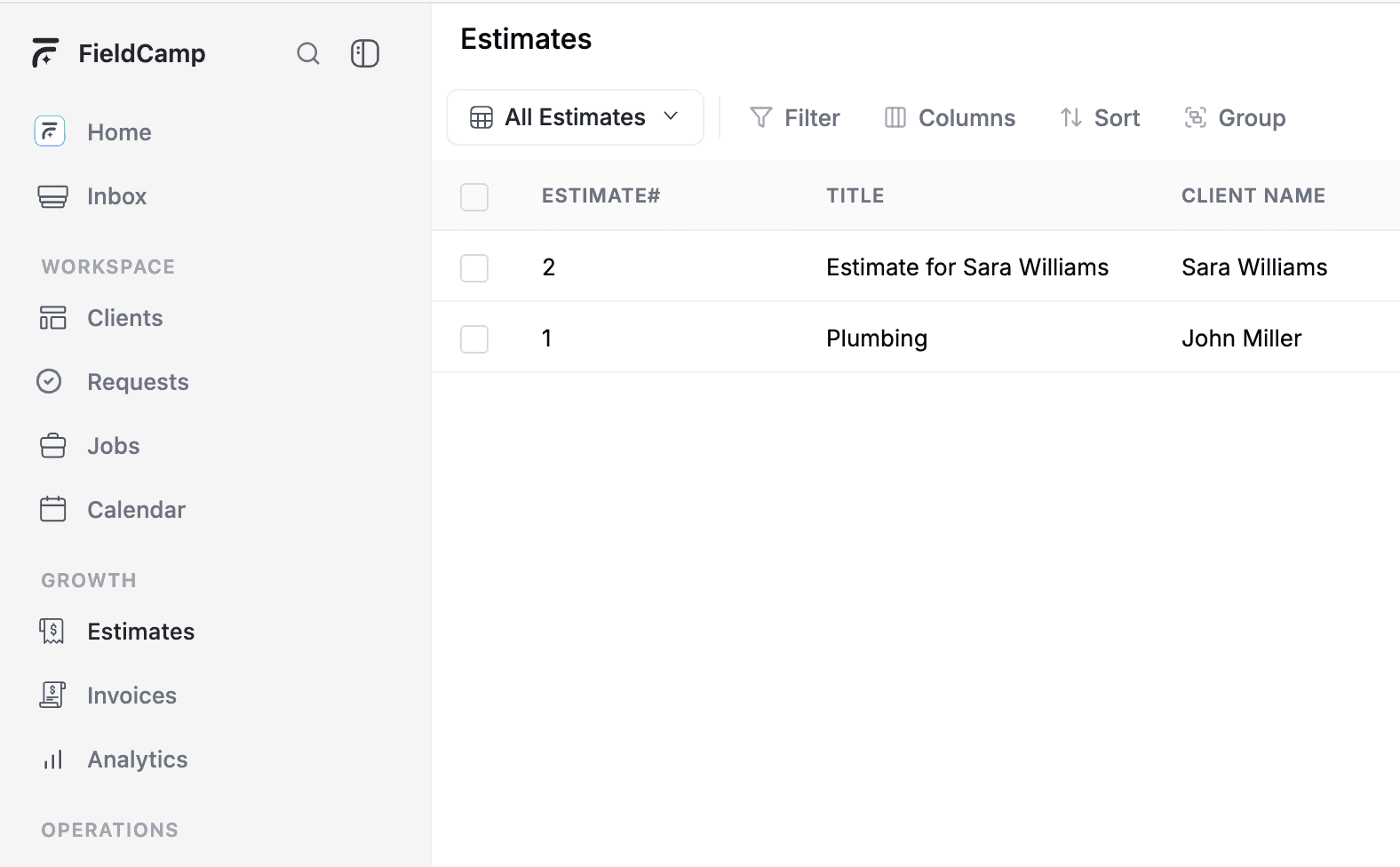 Estimates page for Fieldcamp