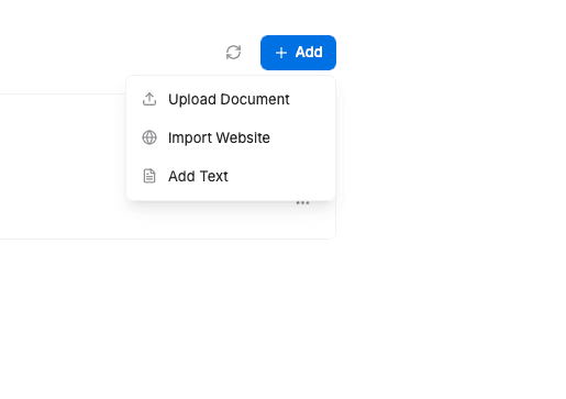 FieldCamp Knowledge Add dropdown menu showing Upload Document, Import Website, and Add Text source options