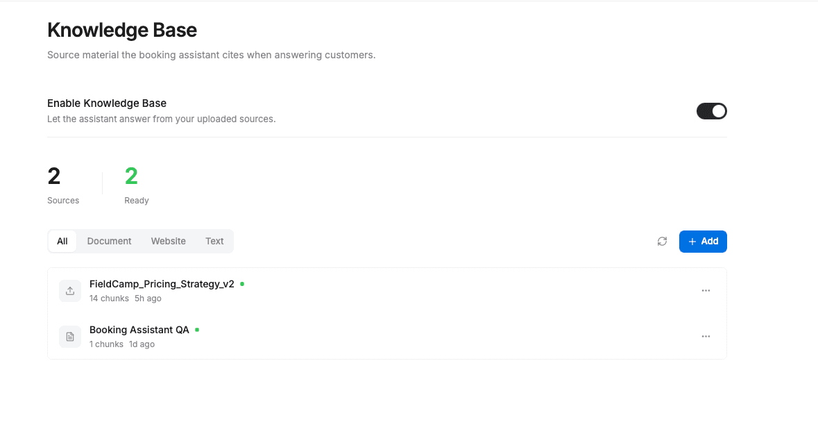 FieldCamp Online Booking Knowledge tab showing Enable Knowledge Base toggle, source count and status metrics, filter tabs for All, Document, Website, and Text, and source list with chunk counts