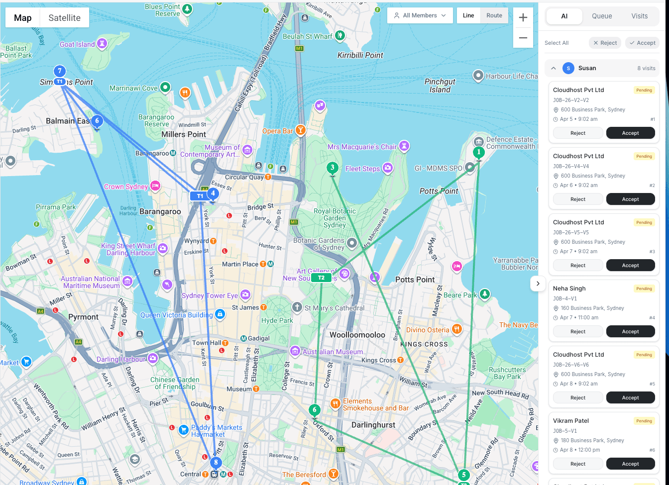 AI Dispatcher Live Dispatch map with routes and AI suggestions panel showing Accept/Reject for each job