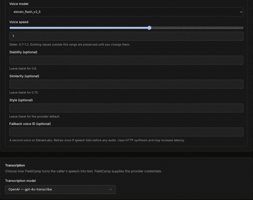 Voice settings with Voice model set to eleven_flash_v2_5, a Voice speed slider at 1, empty Stability, Similarity, Style and Fallback voice ID fields, and the Transcription section with Transcription model set to OpenAI — gpt-4o-transcribe
