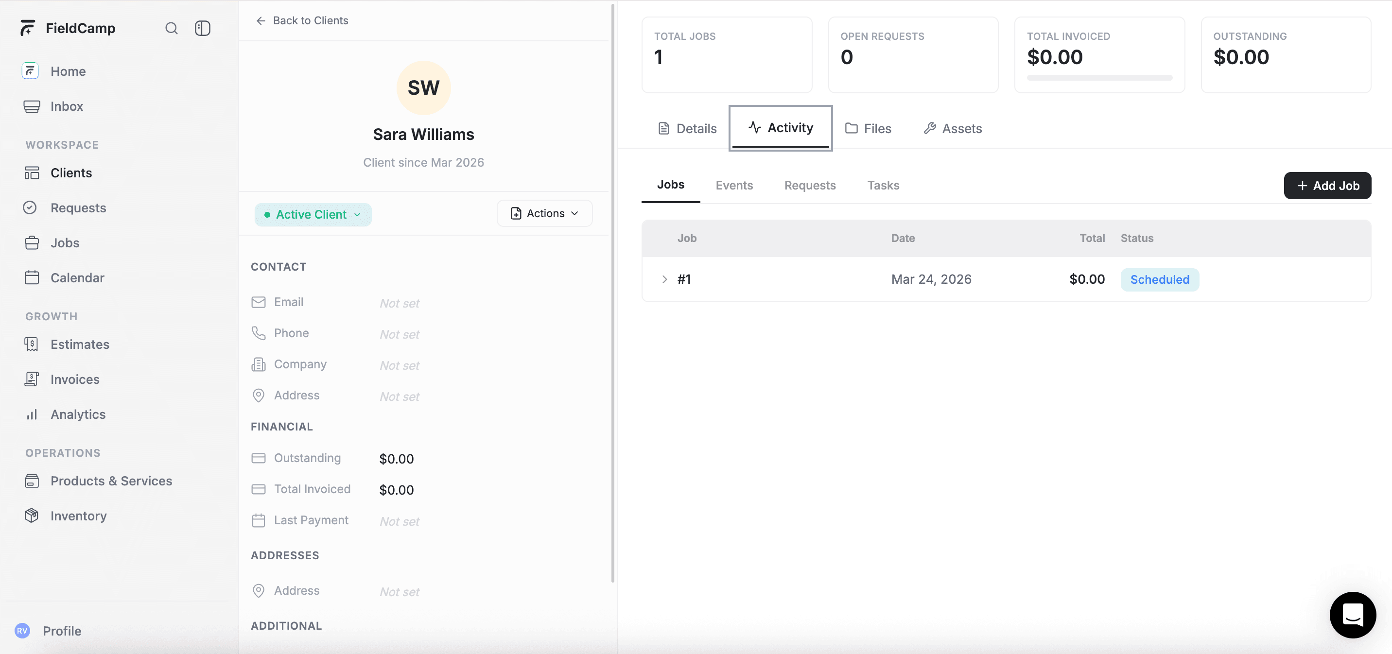 FieldCamp three-panel page layout with sidebar navigation, main content table, and record detail panel open on the right