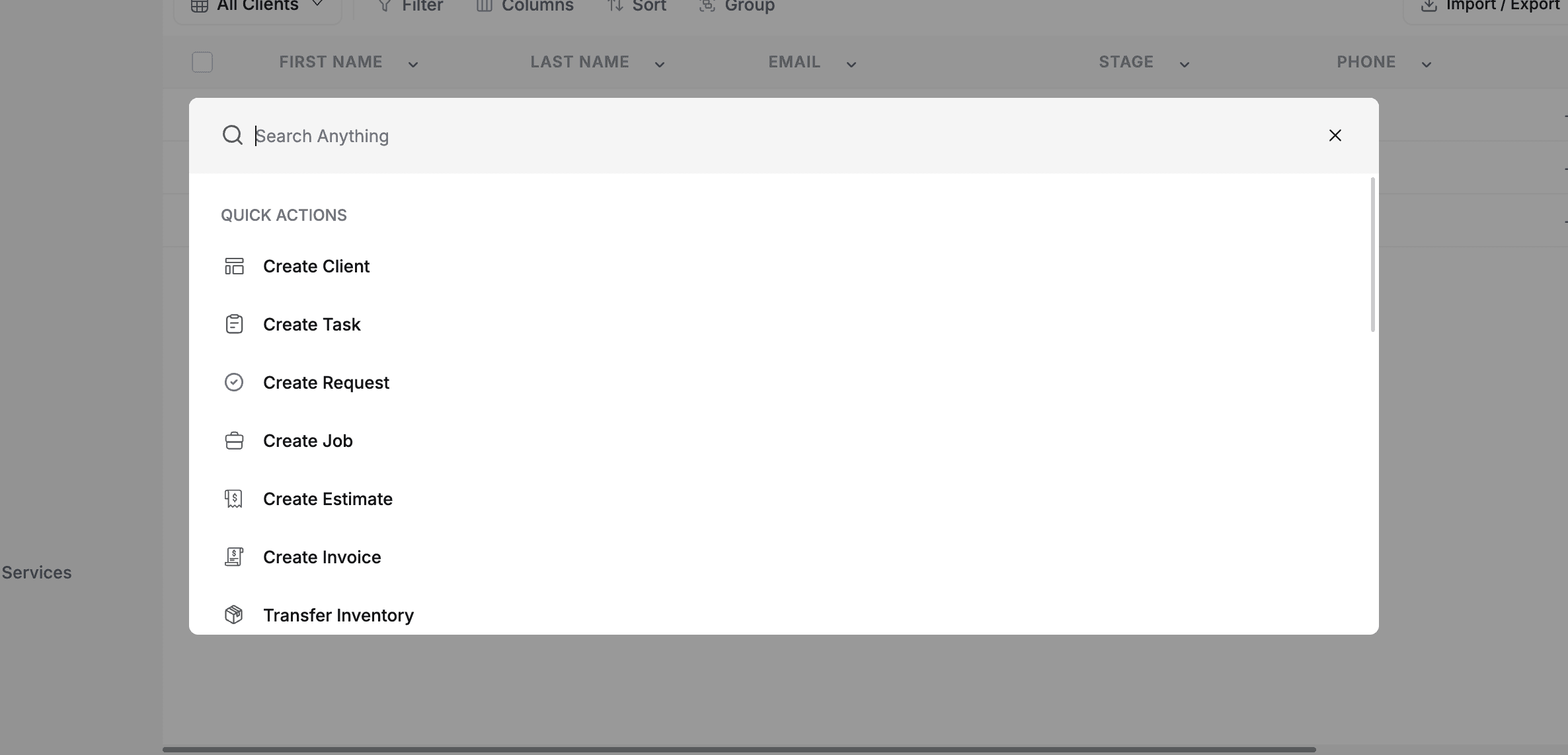 FieldCamp universal search palette opened with Cmd+K showing search results for clients, jobs, and quick actions