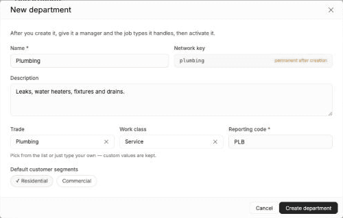 FieldCamp New department dialog with the name Plumbing, network key plumbing, trade Plumbing, work class Service, reporting code PLB and the Residential segment selected