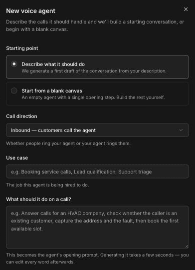 New voice agent panel in FieldCamp Voice with Starting point set to Describe what it should do, Call direction set to Inbound, and empty Use case and What should it do on a call fields