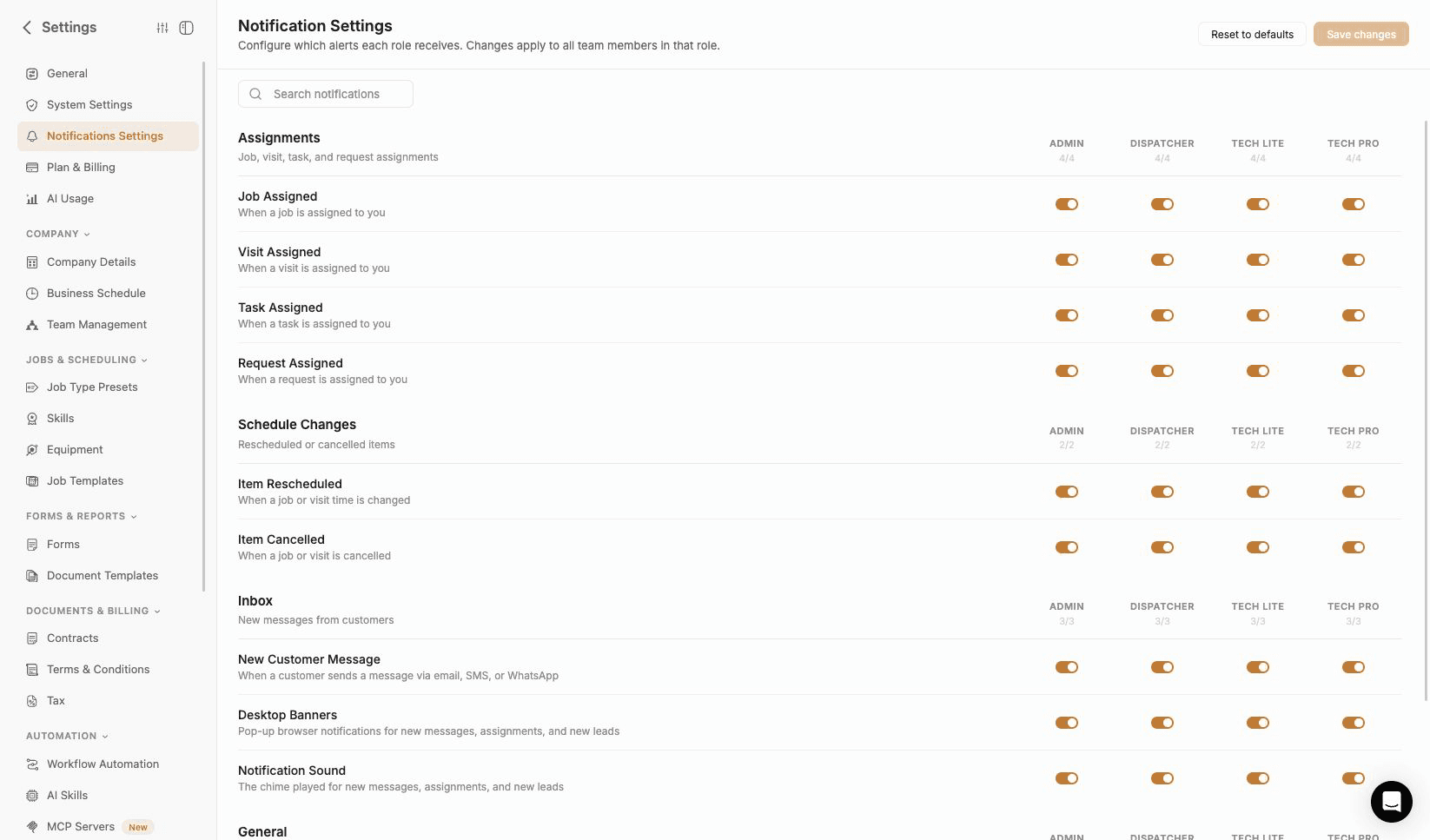 FieldCamp Notification Settings showing notification groups, delivery controls, role columns, search, and save actions