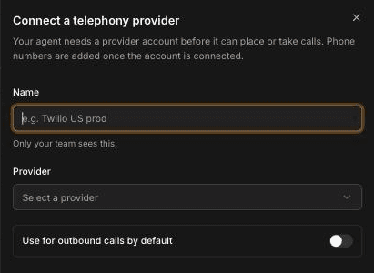 Connect a telephony provider panel in FieldCamp Voice with Name and Provider fields, a Use for outbound calls by default option, and a Connect provider button