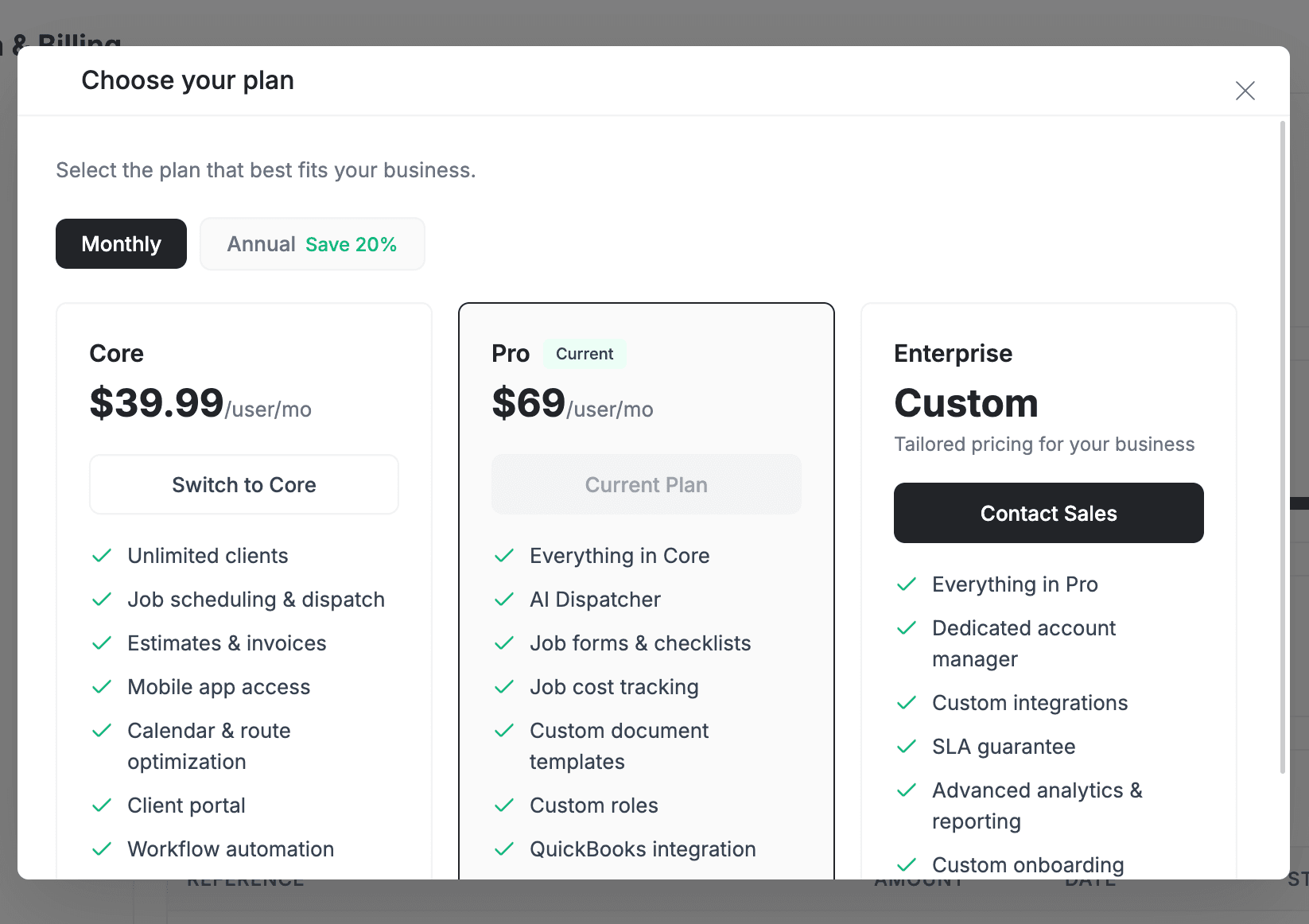 FieldCamp Plan and Billing page showing Core, Pro, and Enterprise plan cards with pricing and feature lists side by side