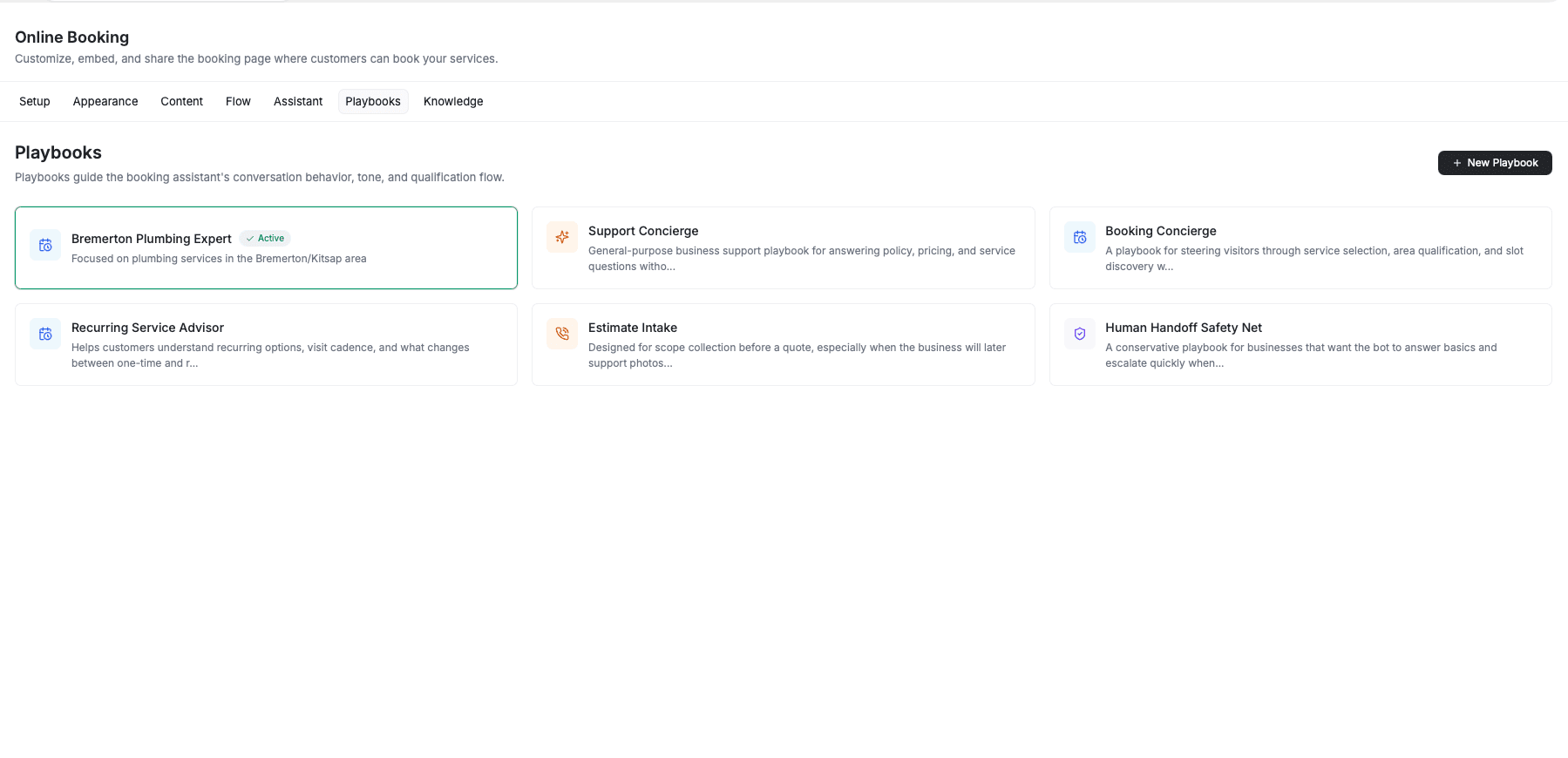 FieldCamp Online Booking Playbooks tab showing installed playbook and official template gallery with Support Concierge, Booking Concierge, Recurring Service Advisor, Estimate Intake, and Human Handoff Safety Net templates