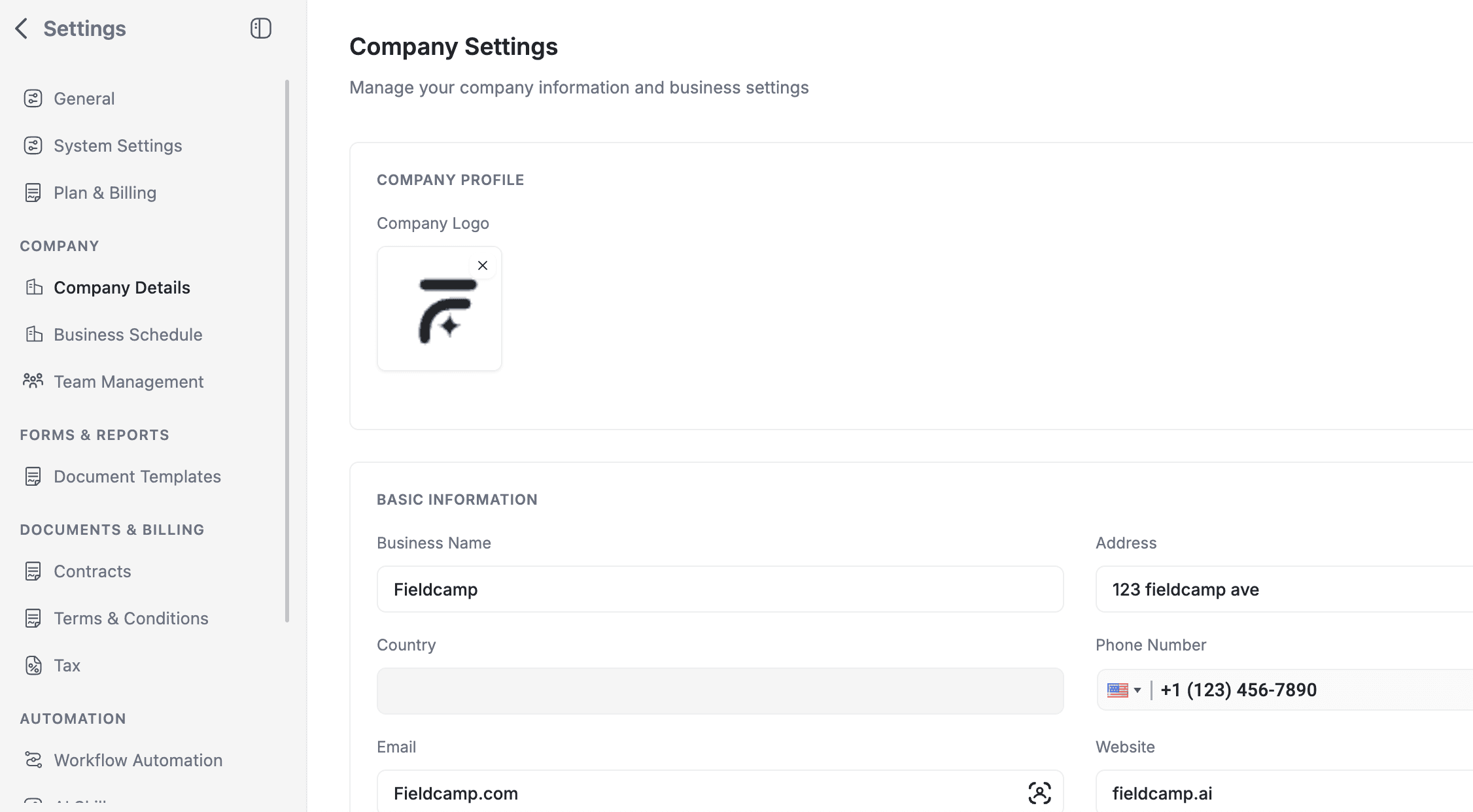 FieldCamp Settings Company Details page with company name, logo upload, address, phone, and website fields