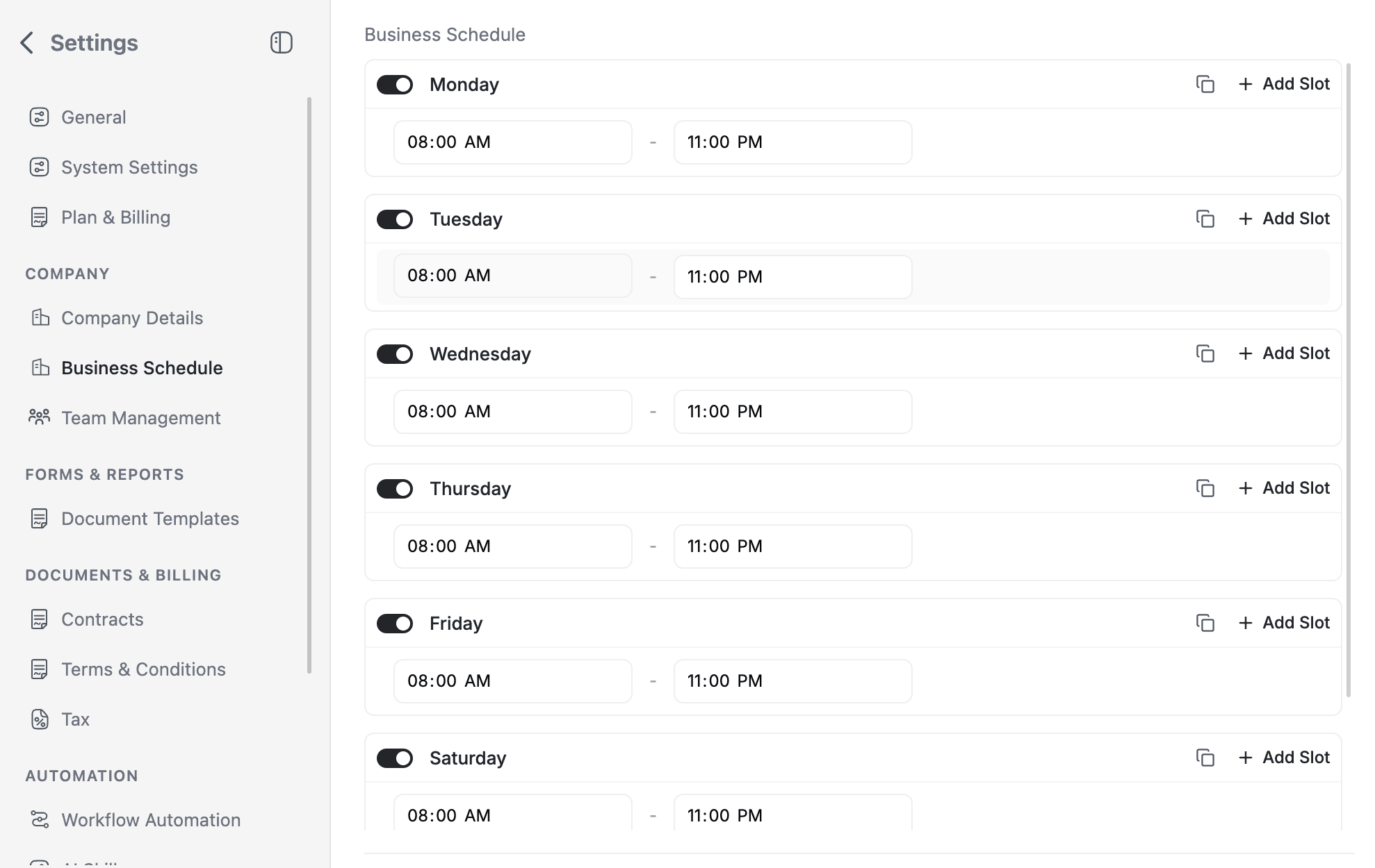 FieldCamp Business Schedule settings page showing ever day of the week and available time.