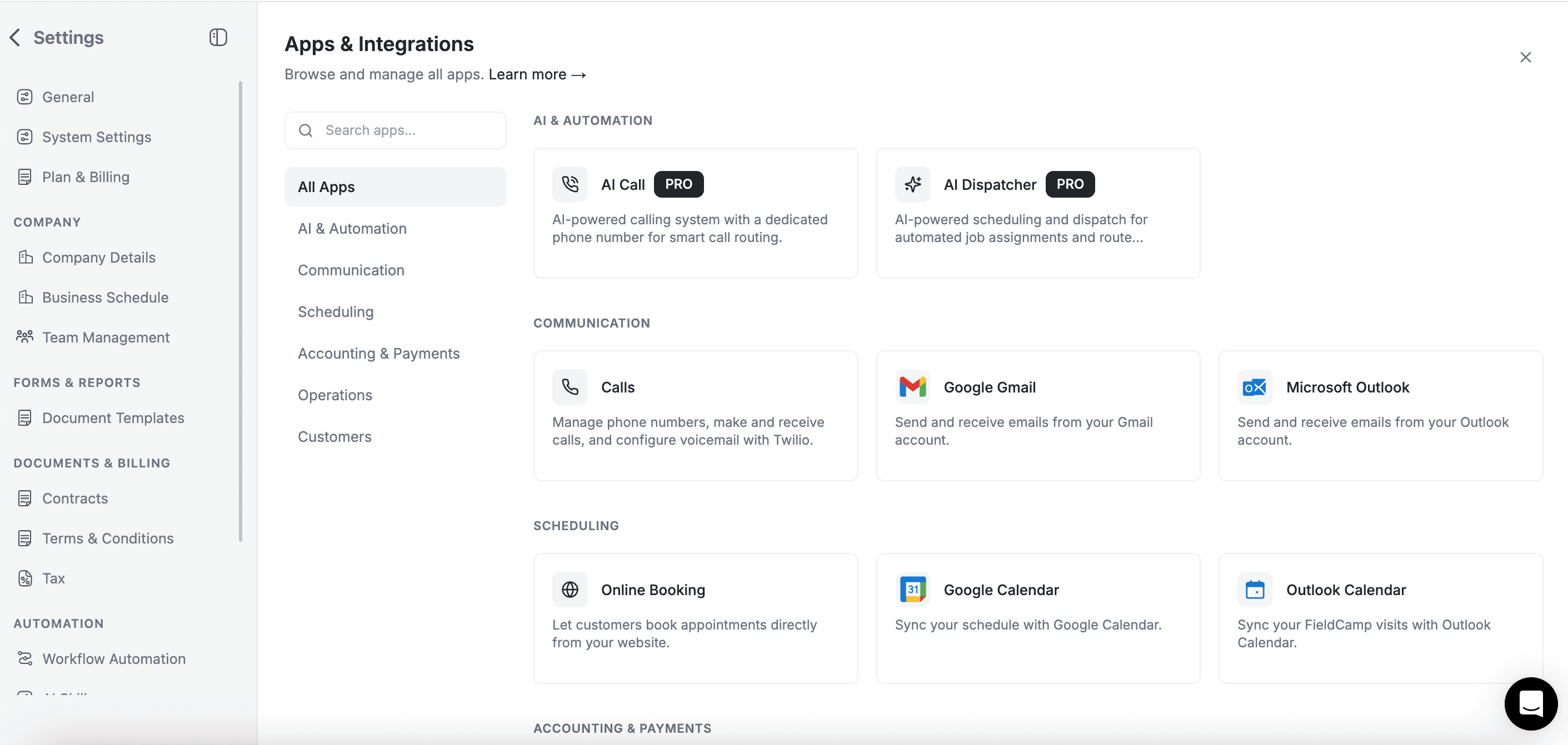 FieldCamp Apps and Integrations settings page showing Gmail, Google Calendar, Stripe, and QuickBooks connectors
