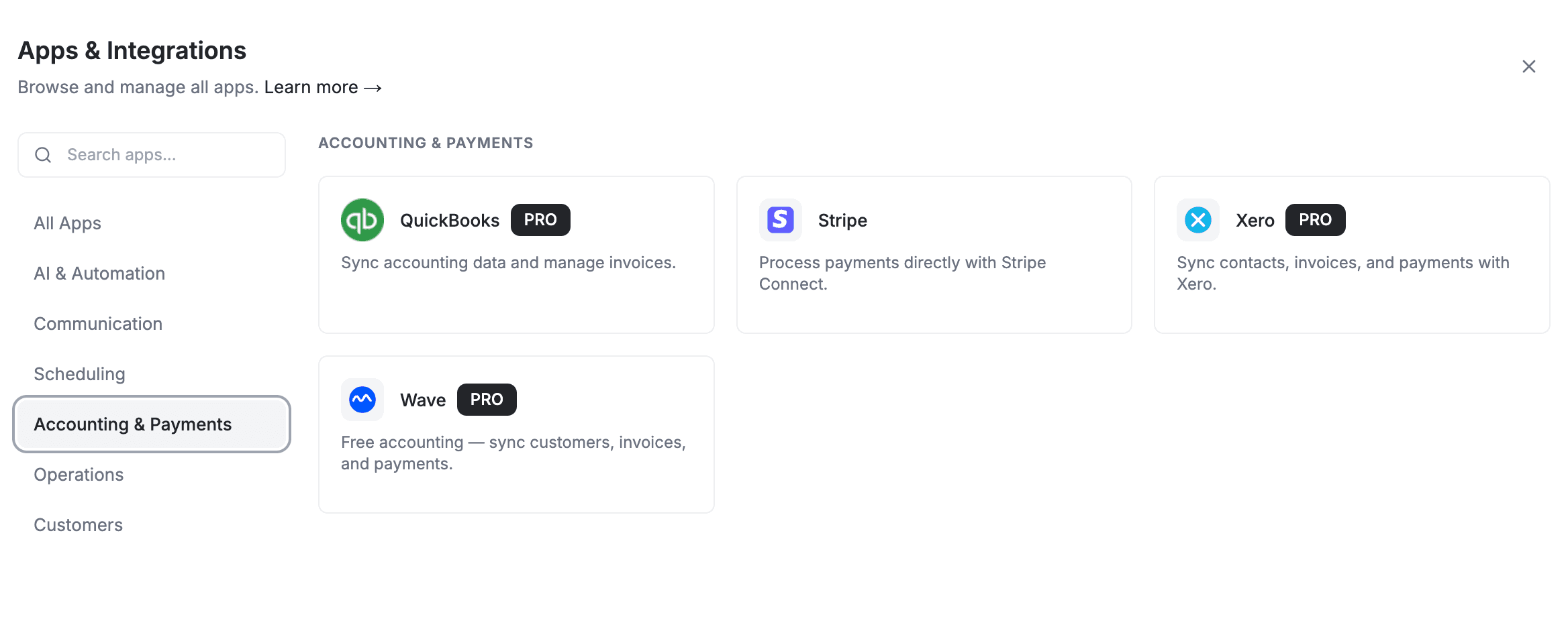 FieldCamp Apps and Integrations settings page showing Gmail, Google Calendar, Stripe, and QuickBooks connectors