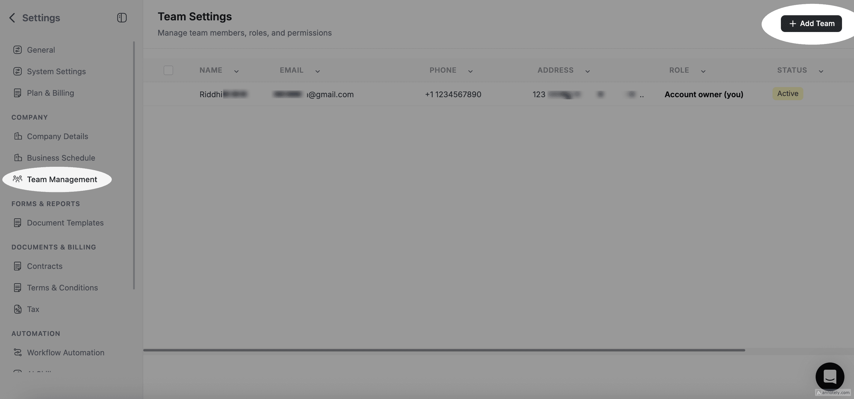 FieldCamp Add Team Member form with name, email fields and role dropdown showing Admin, Dispatcher, and Technician options