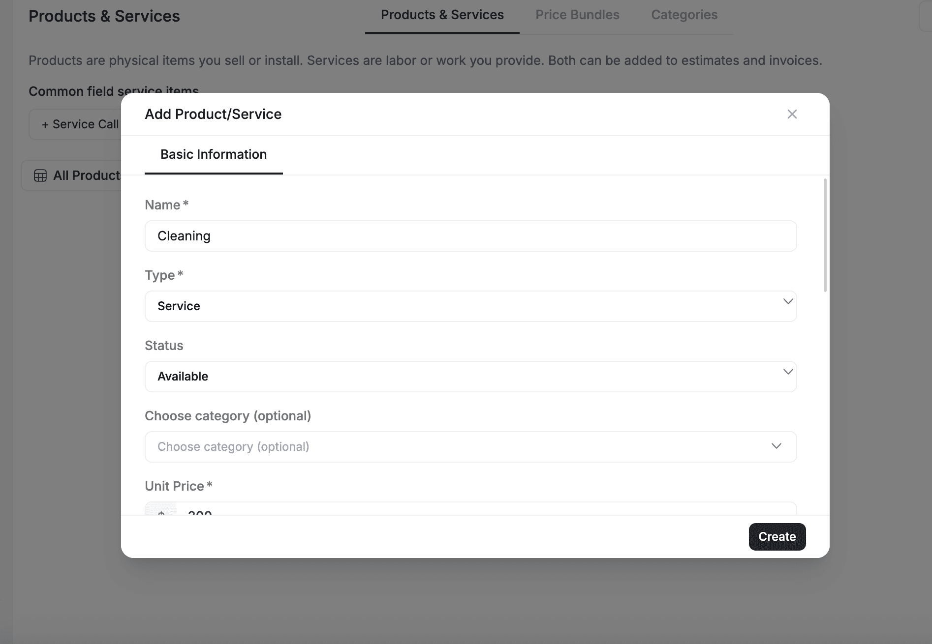 FieldCamp Products and Services Navigation bar showing basic information section fillers.