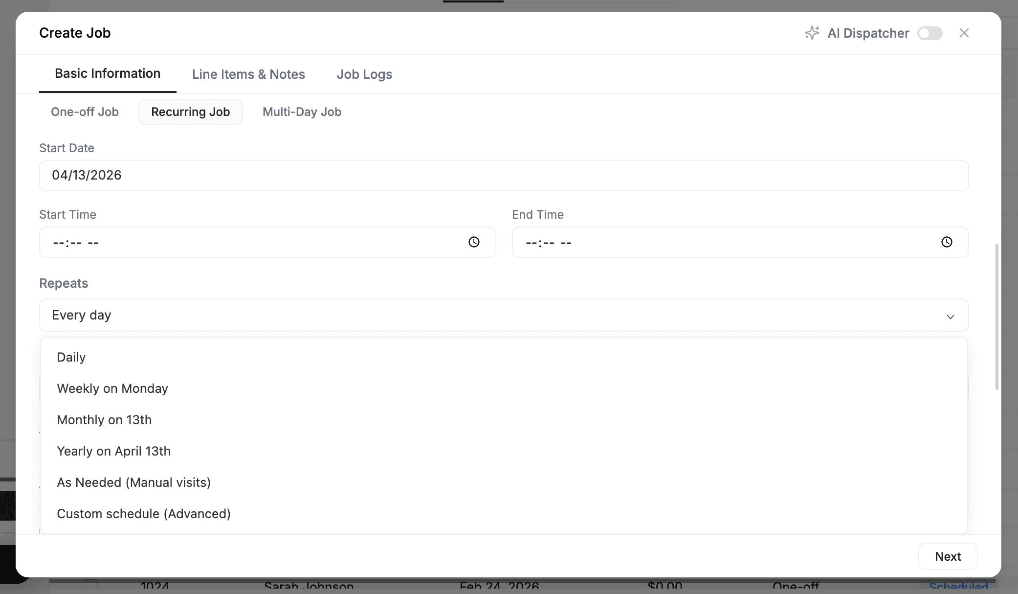 FieldCamp Create Job modal with Recurring Job tab selected showing Start Date, Start Time, End Time fields, and Repeats dropdown open with options Daily, Weekly on Monday, Monthly on 13th, Yearly on April 13th, As Needed, and Custom schedule (Advanced)