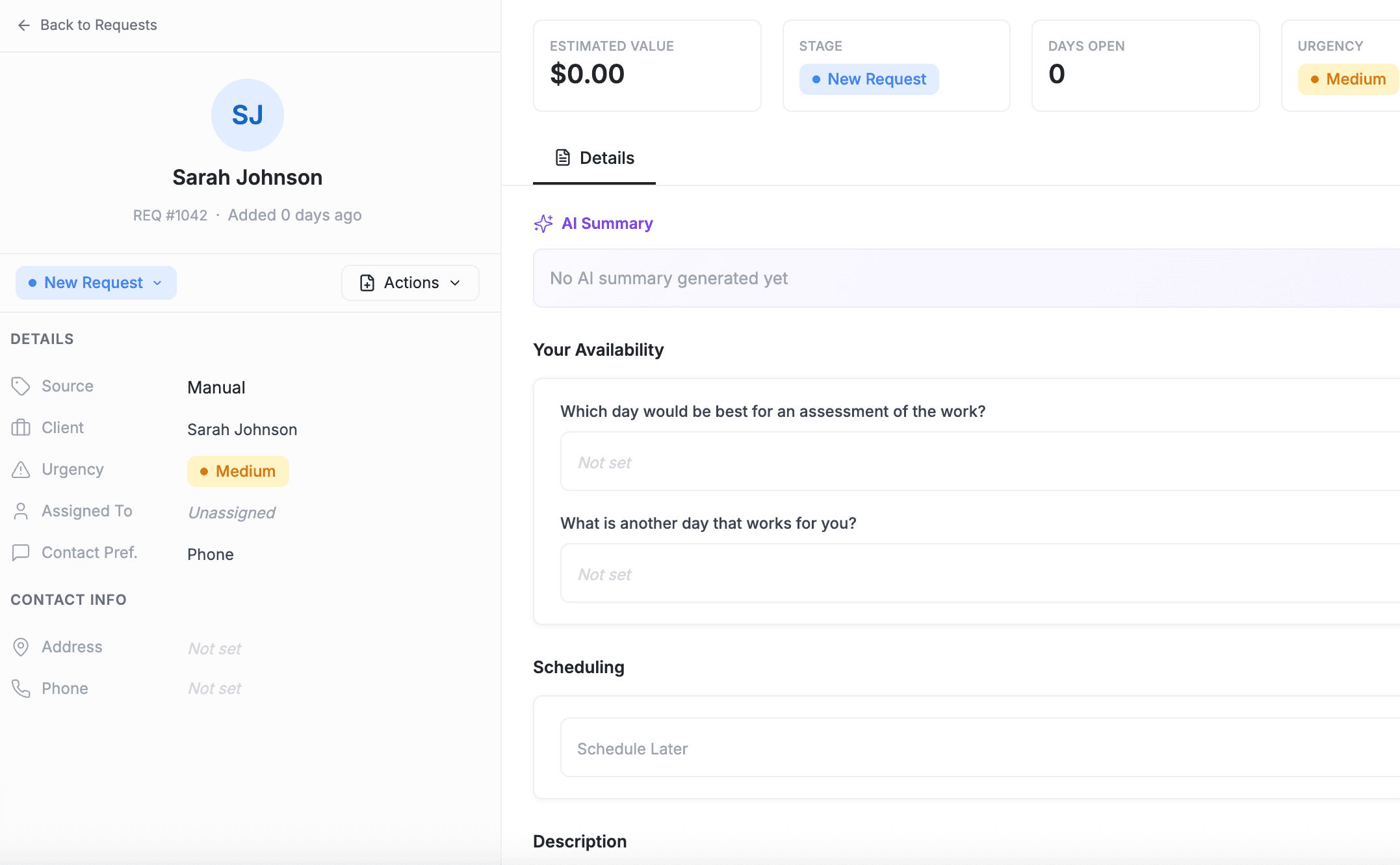 FieldCamp request detail page for Sarah Johnson showing sidebar with stage, urgency, and contact fields, and main area with AI Summary, Your Availability, and Scheduling sections