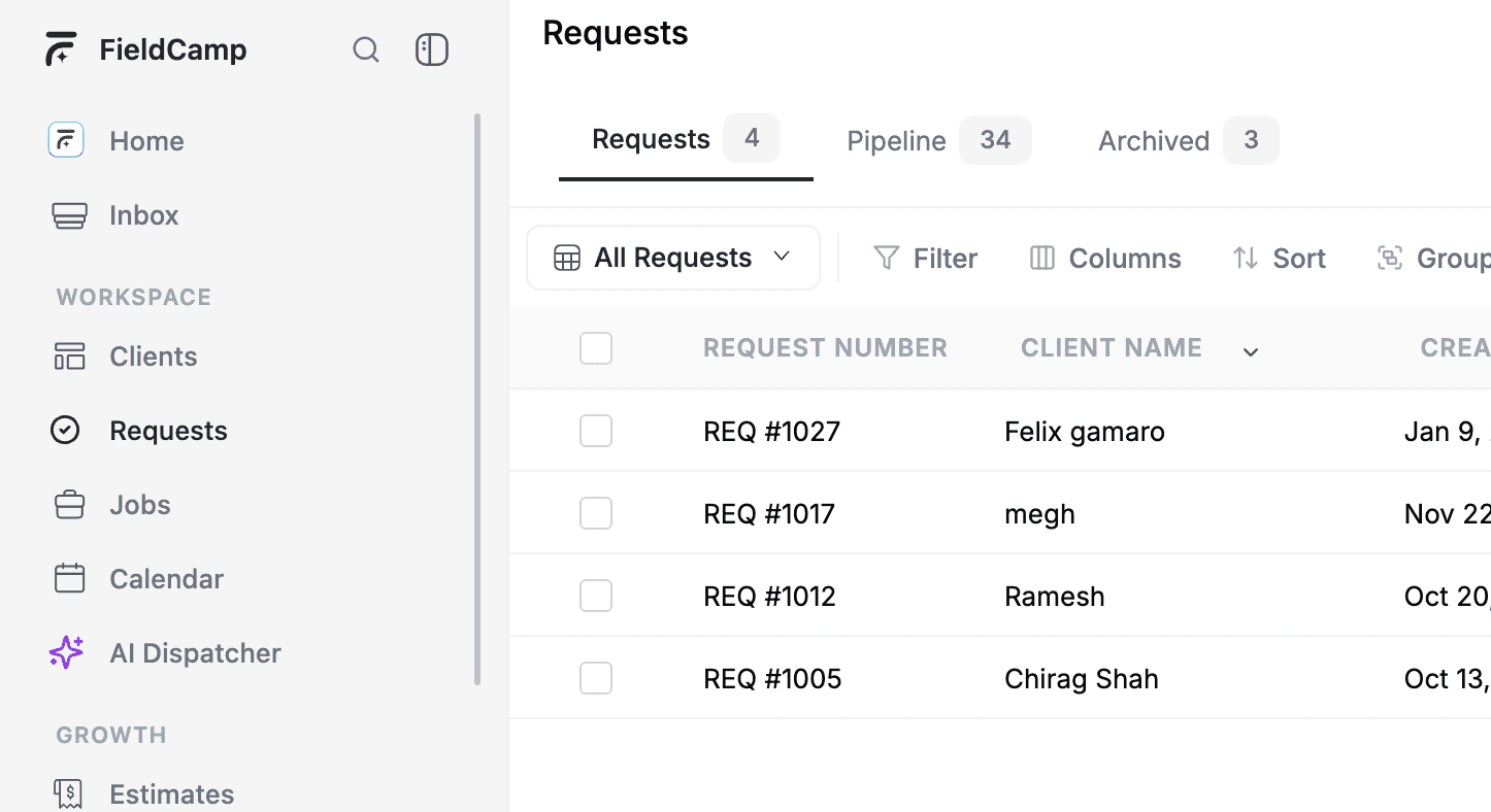 FieldCamp Requests page showing the Requests table with request numbers, client names, and tabs for Requests, Pipeline, and Archived