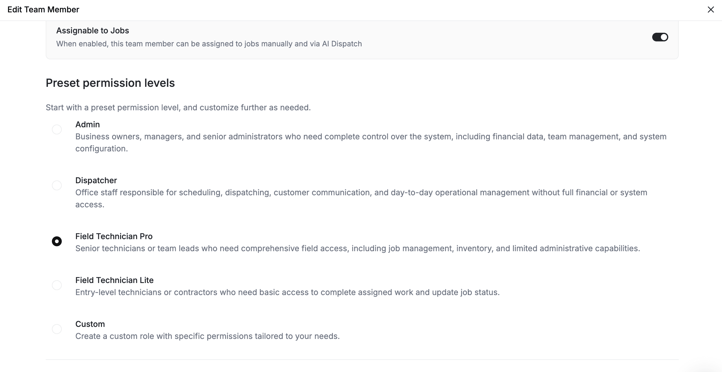 FieldCamp built-in roles and permission presets