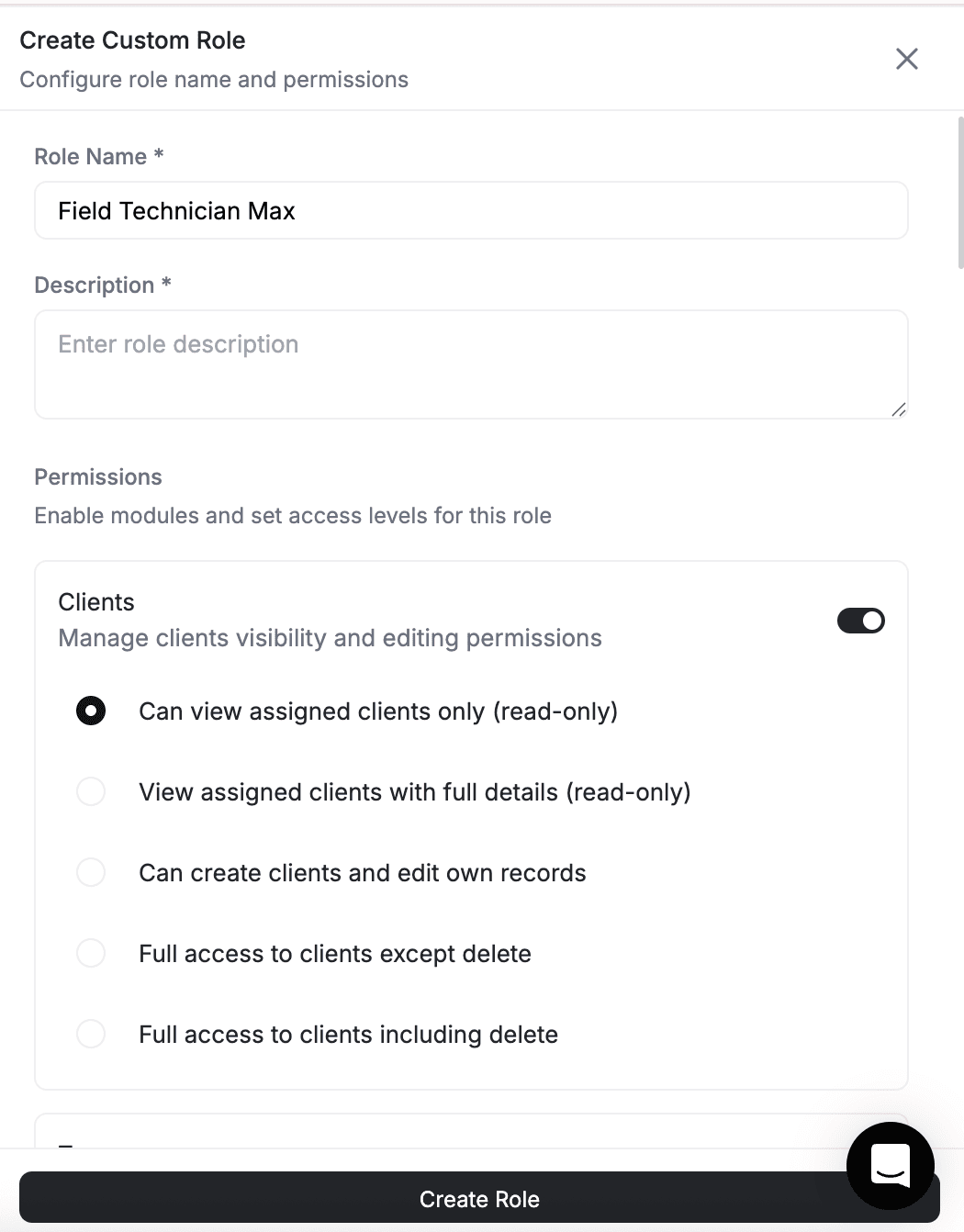 FieldCamp Manage Roles screen displaying the full permission matrix grid for the Admin role across all modules