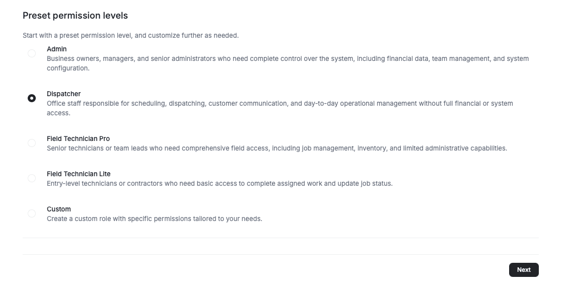 FieldCamp preset permission levels showing Admin, Dispatcher, Field Technician Pro, Field Technician Lite, and Custom roles