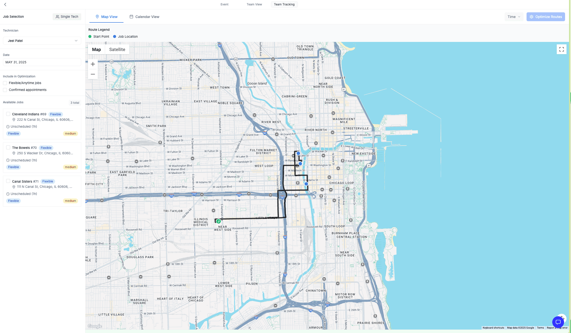 route optimization screen in fieldcamp