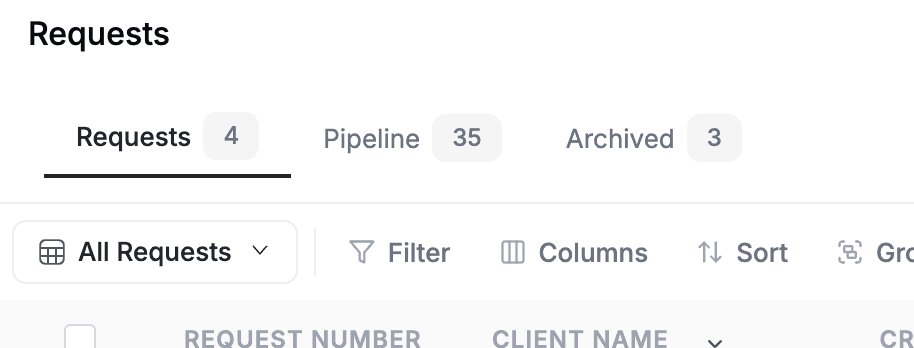 FieldCamp Requests table view showing Requests, Pipeline, and Archived tabs with Filter, Columns, Sort, and Group toolbar