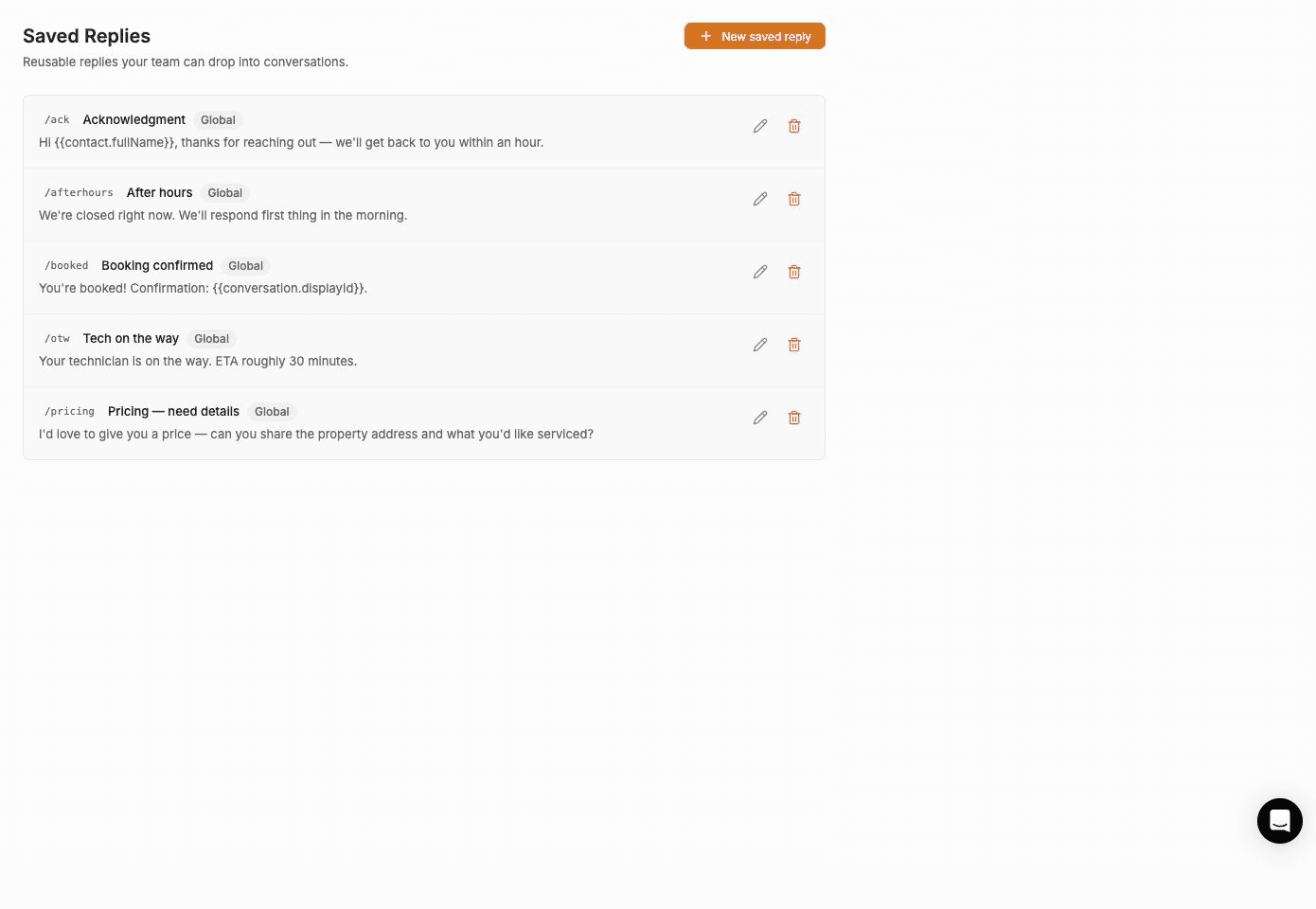 FieldCamp Saved Replies settings showing shortcuts, titles, visibility, reply previews, and row actions