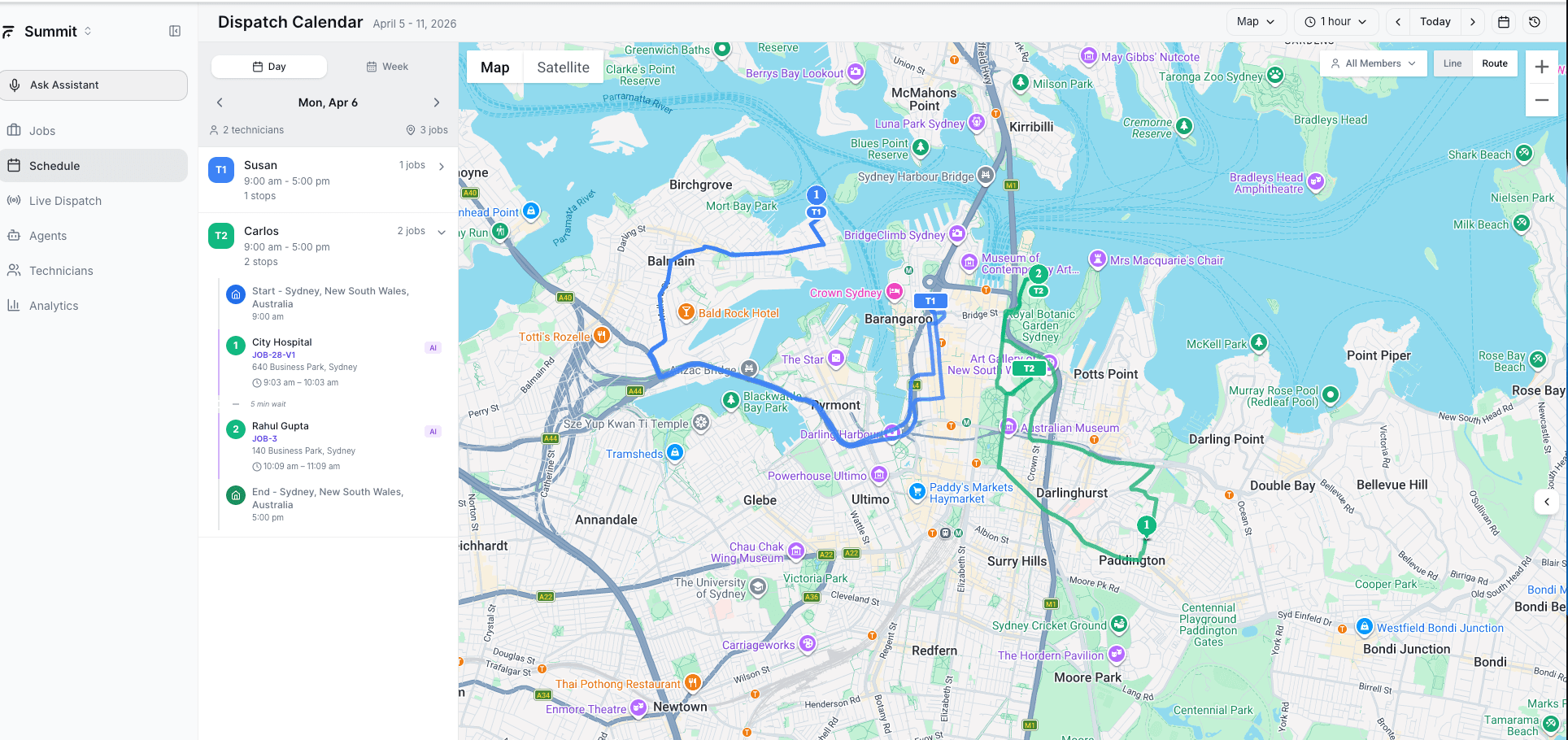 AI Dispatcher map view showing technician routes for a single day