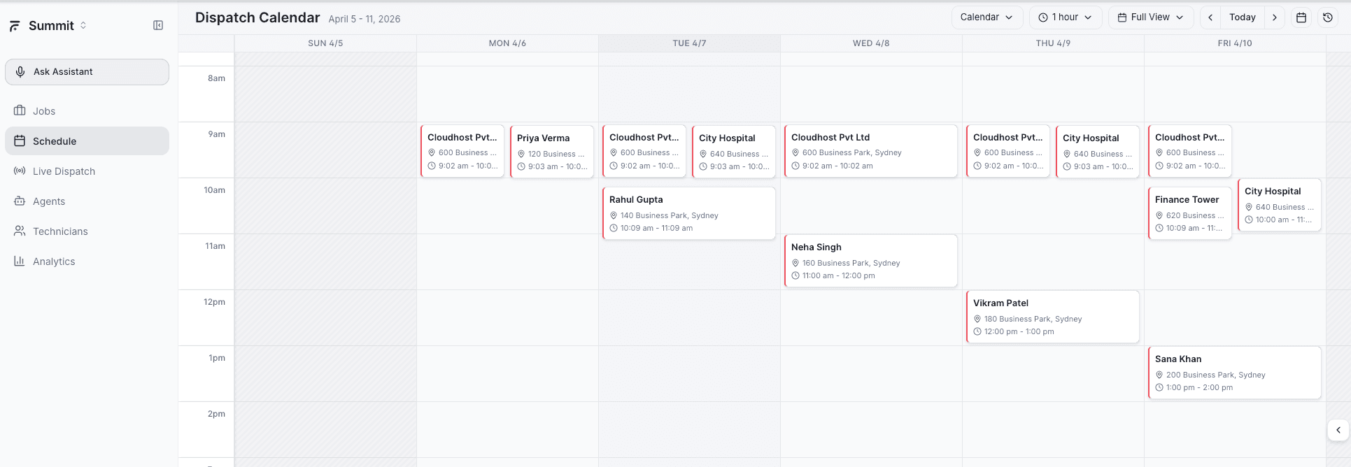 AI Dispatcher weekly calendar full view with all visits across the week