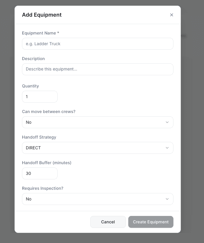 AI Dispatcher Add Equipment dialog