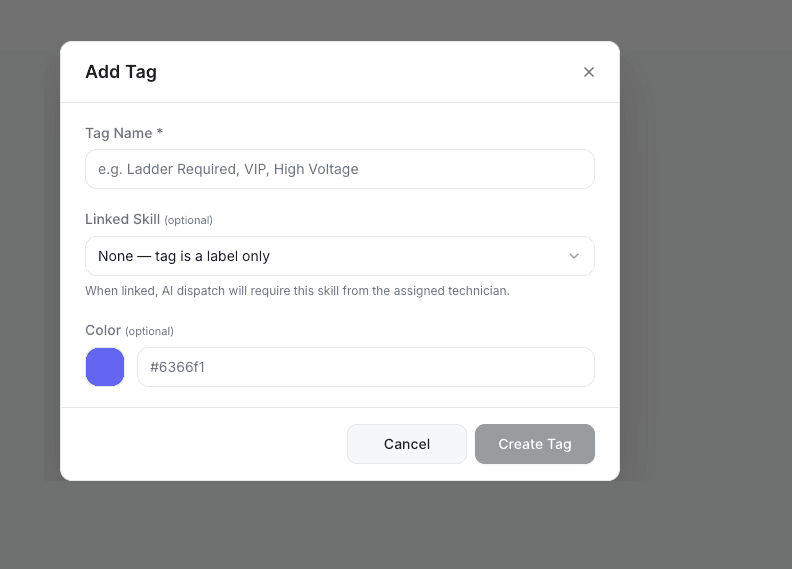 AI Dispatcher Add Tag dialog with tag name, linked skill, and color options