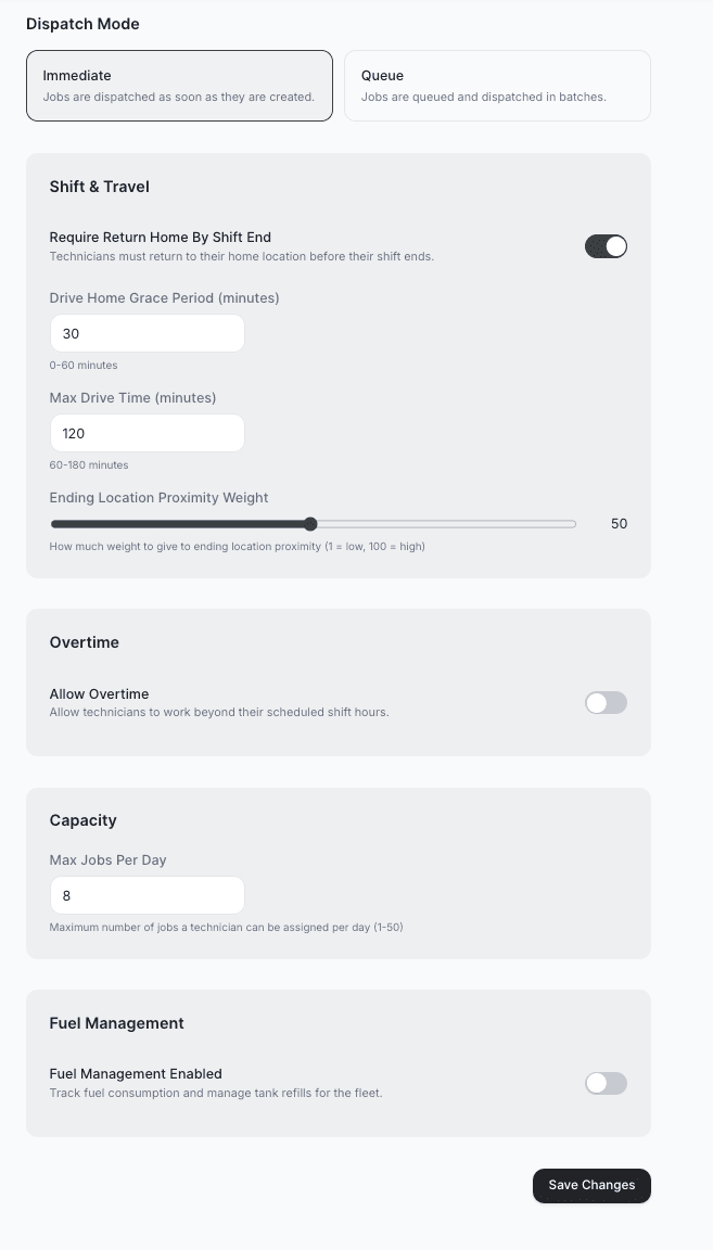 AI Dispatcher settings showing Dispatch Mode, Shift and Travel, Overtime, Capacity, and Fuel Management configuration