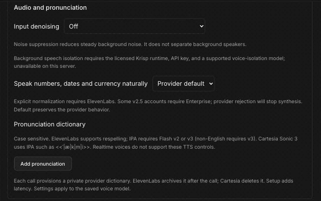 Audio and pronunciation block in Agent settings, showing Input denoising set to Off with the note that background speech isolation is unavailable on this server, Speak numbers, dates and currency naturally set to Provider default, and the Pronunciation dictionary help text with an Add pronunciation button